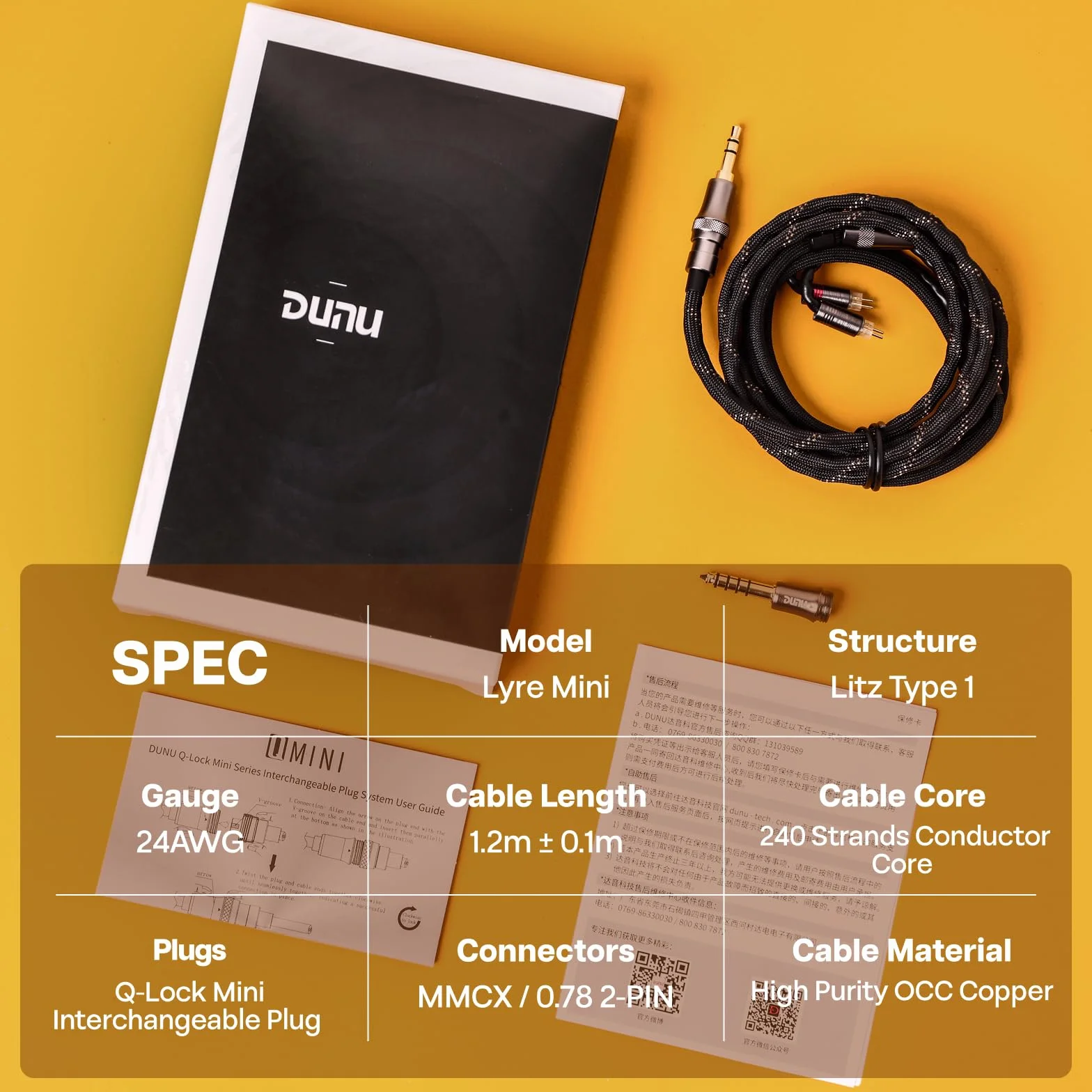 Linsoul DUNU Lyre Mini 24AWG 240-żyłowy, wysokiej czystości, OCC, ulepszony kabel do słuchawek audio HiFi z systemem mini wtyczek Q-Lock, dla muzyków audiofilskich (MMCX)