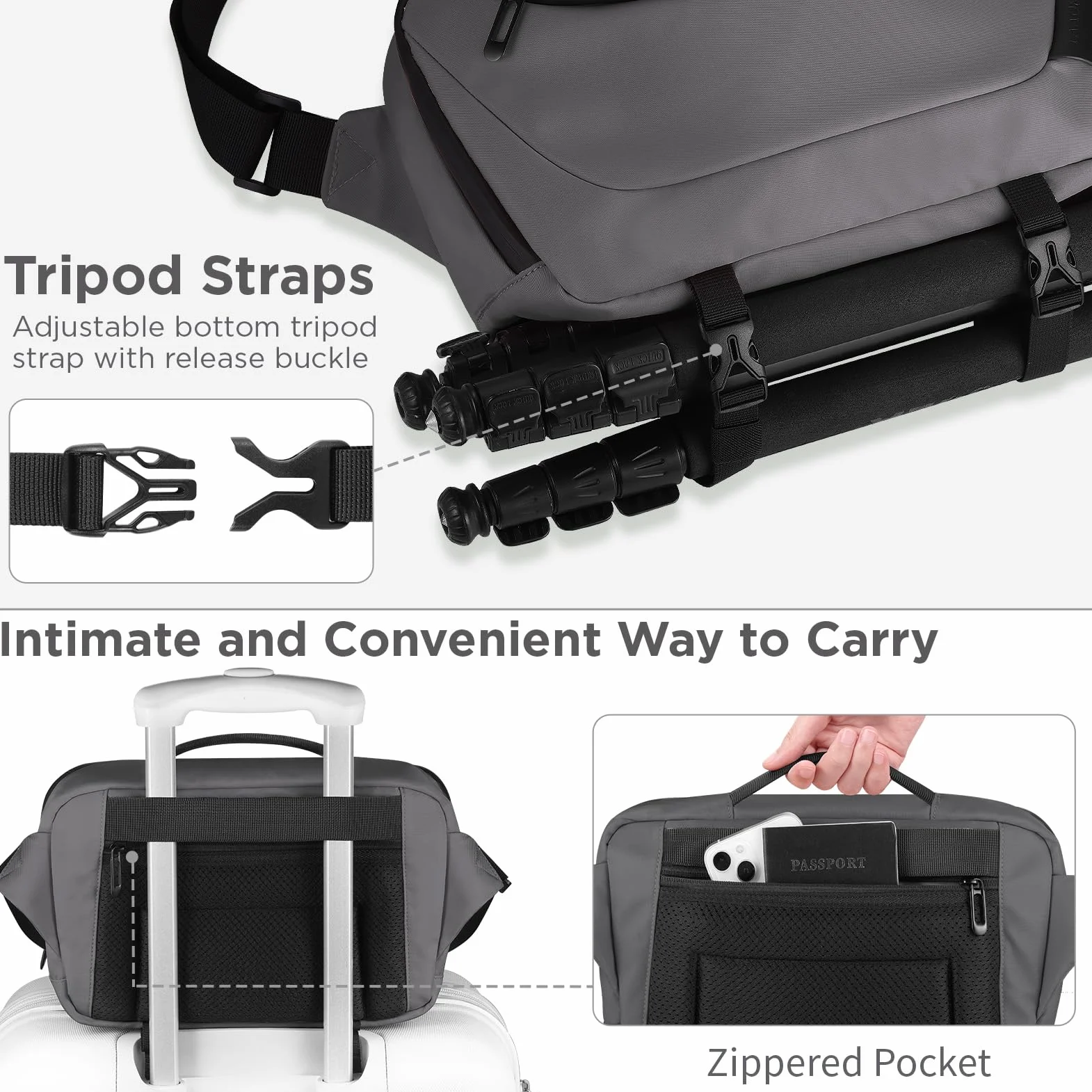TAAOKA torba na aparat, wodoodporna torba na aparat z uchwytem na statyw, torby na aparaty DSLR/SLR/Mirrorless Crossbody dla fotografów, szary, 12.6 x 5.1 x 7.8 inches, Moda