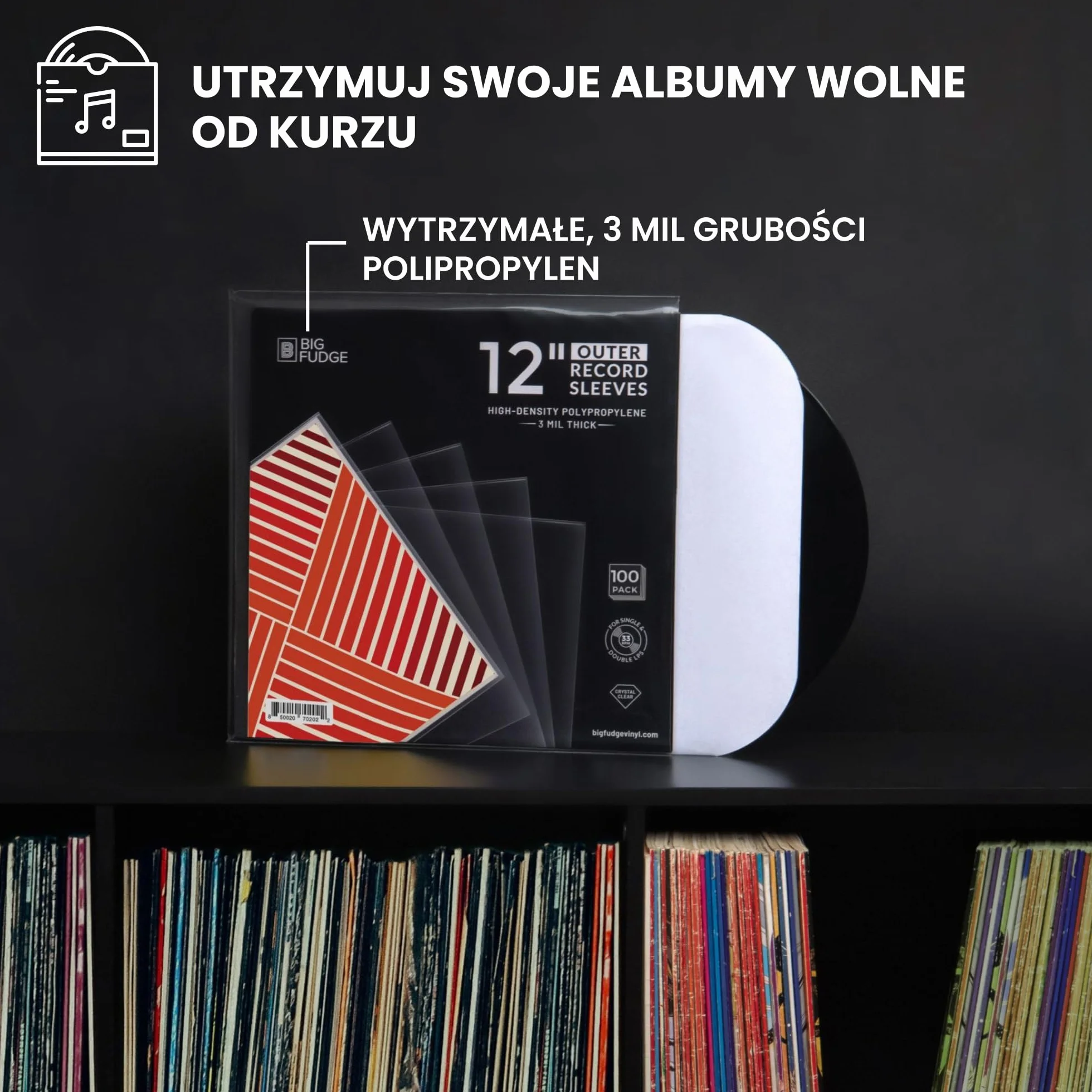 BIG FUDGE Zewnętrzne Okładki na Płyty Winylowe - 30cm x 100 szt - Przezroczyste Pokrowce na Albumy z Tworzywa Polipropylenowego o Wysokiej Gęstości - Trwałe i Bez Zagięć - Grubość 3 Mil, 32 cm x 32 cm