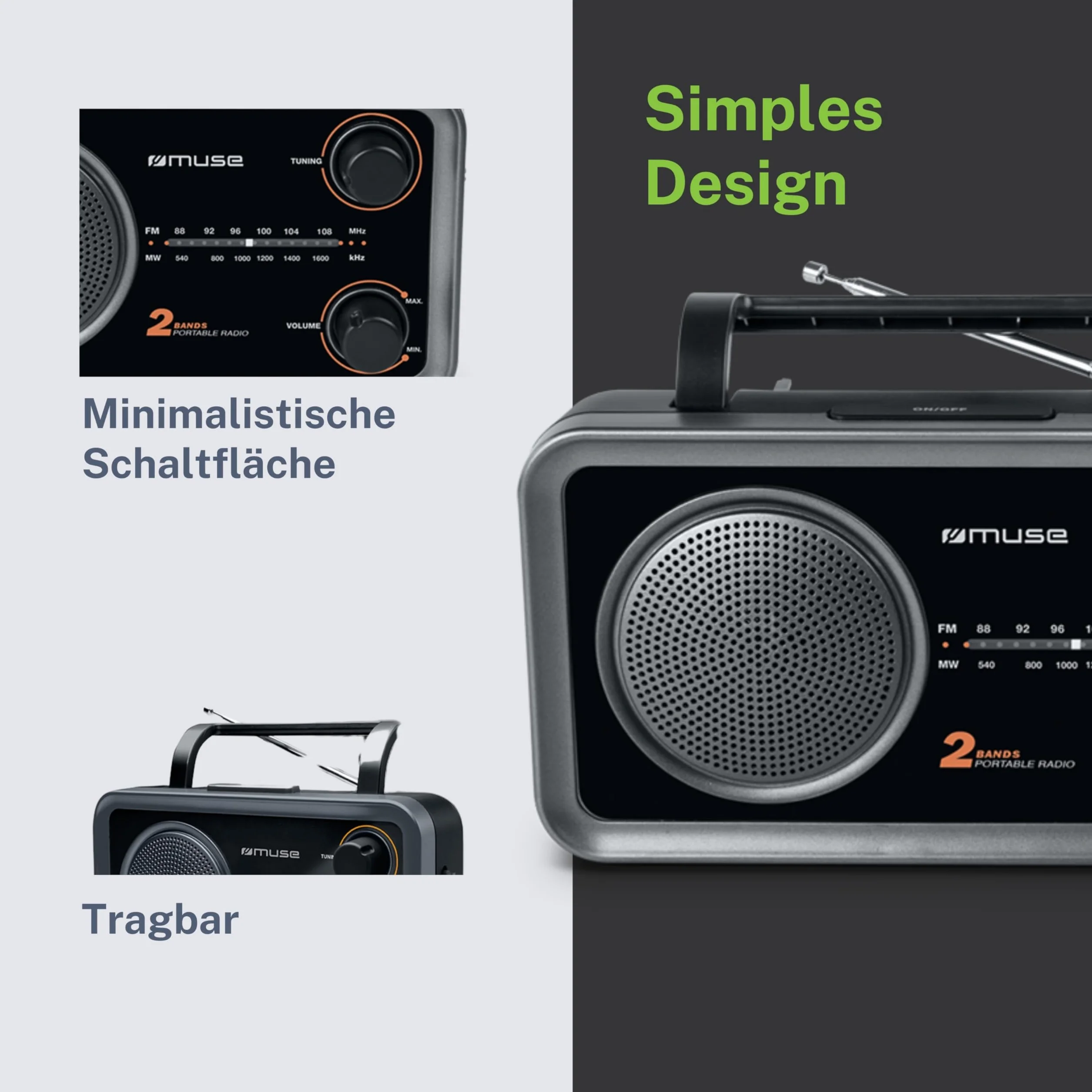 Muse M-06 DS radio kuchenne (FM, MW) radio, zasilanie sieciowe i bateryjne, AUX-In do telefonu komórkowego, czarne