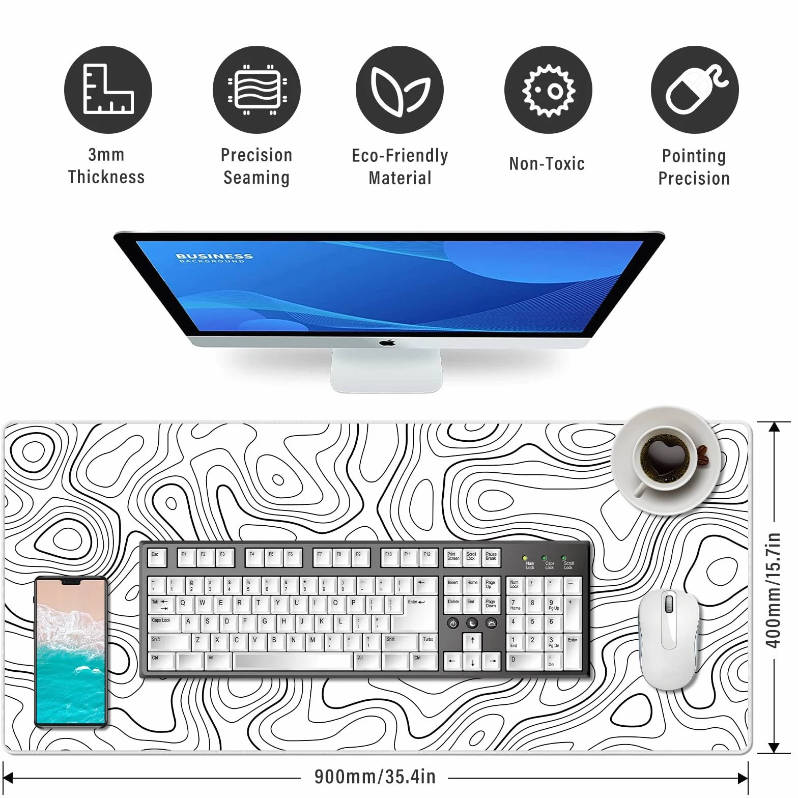 Podkładka pod mysz do gier XXL duża podkładka pod mysz z wodoodporną i antypoślizgową gumą do komputera, MacBooka, gabinetu, laptopa, komputera do gier, domu, biała, topograficzna, 900 x 400