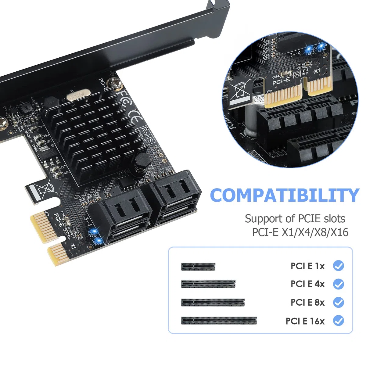 Karta kontrolera PCI-E X1 do SATA 3.0, 4-portowa karta rozszerzeń SATA III 6 Gb/s, obsługuje gniazdo PCI-Express (1 x 4X 8X 16X), obsługa SSD i HDD, dla Windows10/7/8/XP/Vista/Linux