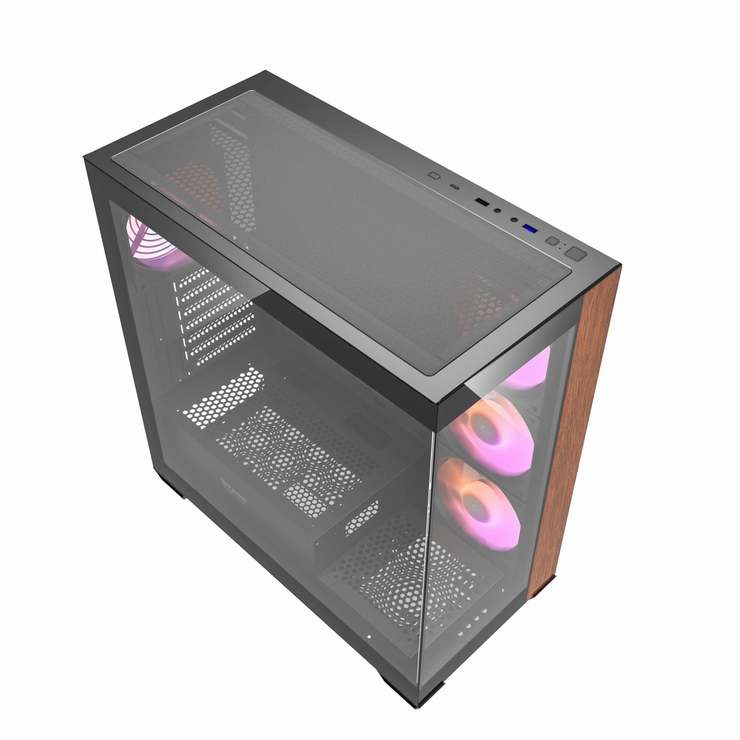 DarkFlash DS900W, PC do gier ATX, panel boczny i przedni ze szkła hartowanego, 4 wentylatory ARGB, drewniany design, USB-C
