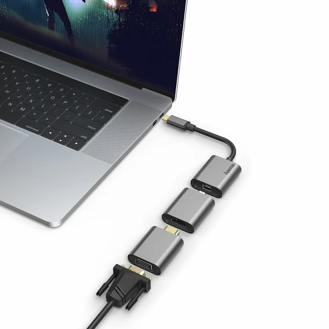 Hama Adapter USB C 6 w 1 mini DisplayPort HDMI VGA 4K pozłacany aluminiowa obudowa kabel 0,15m antracyt