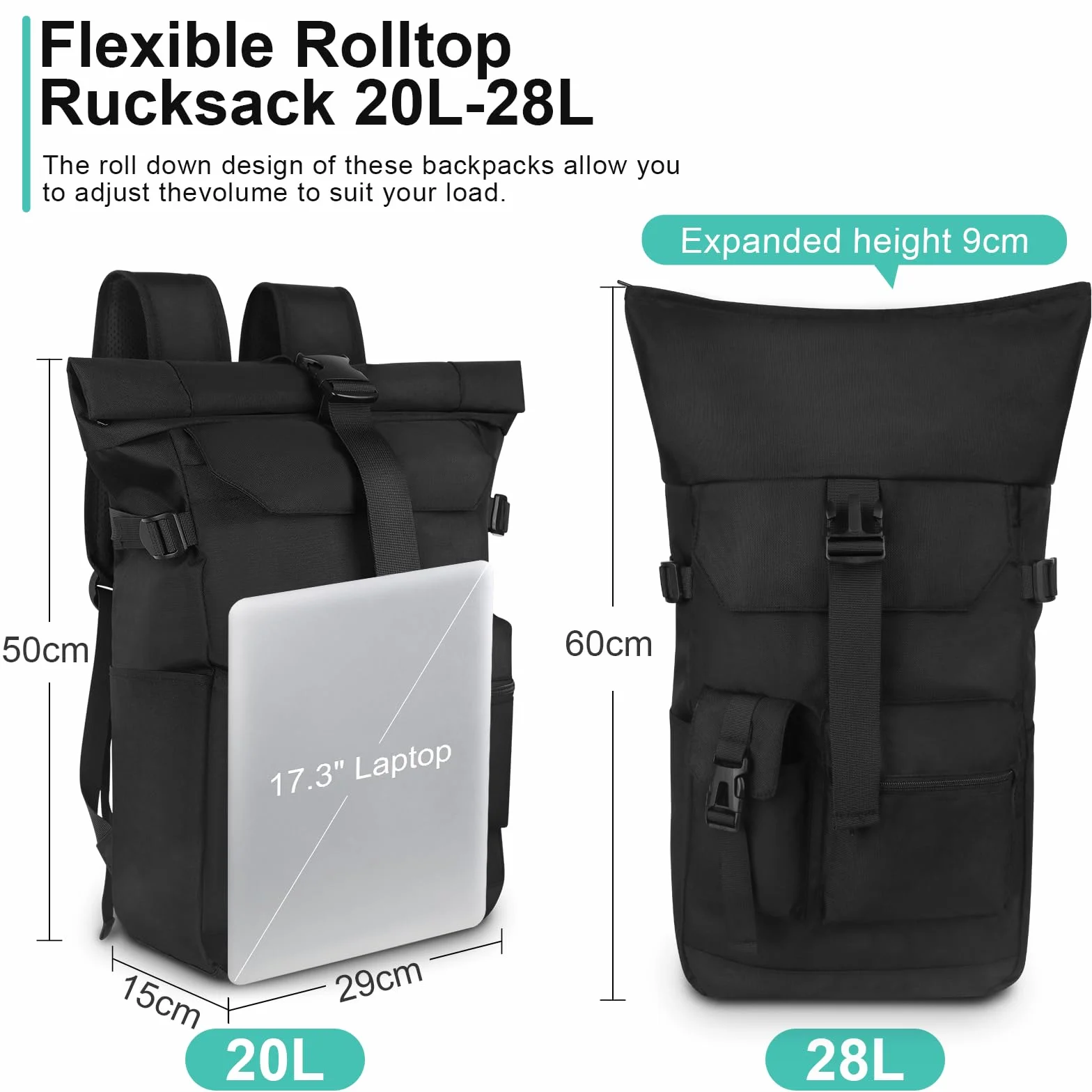 28L Plecak rolltop damski męski, Plecak na laptopa wodoodporny i antykradzieżowy, do pracy, uniwersytetu, podróży, czas wolny