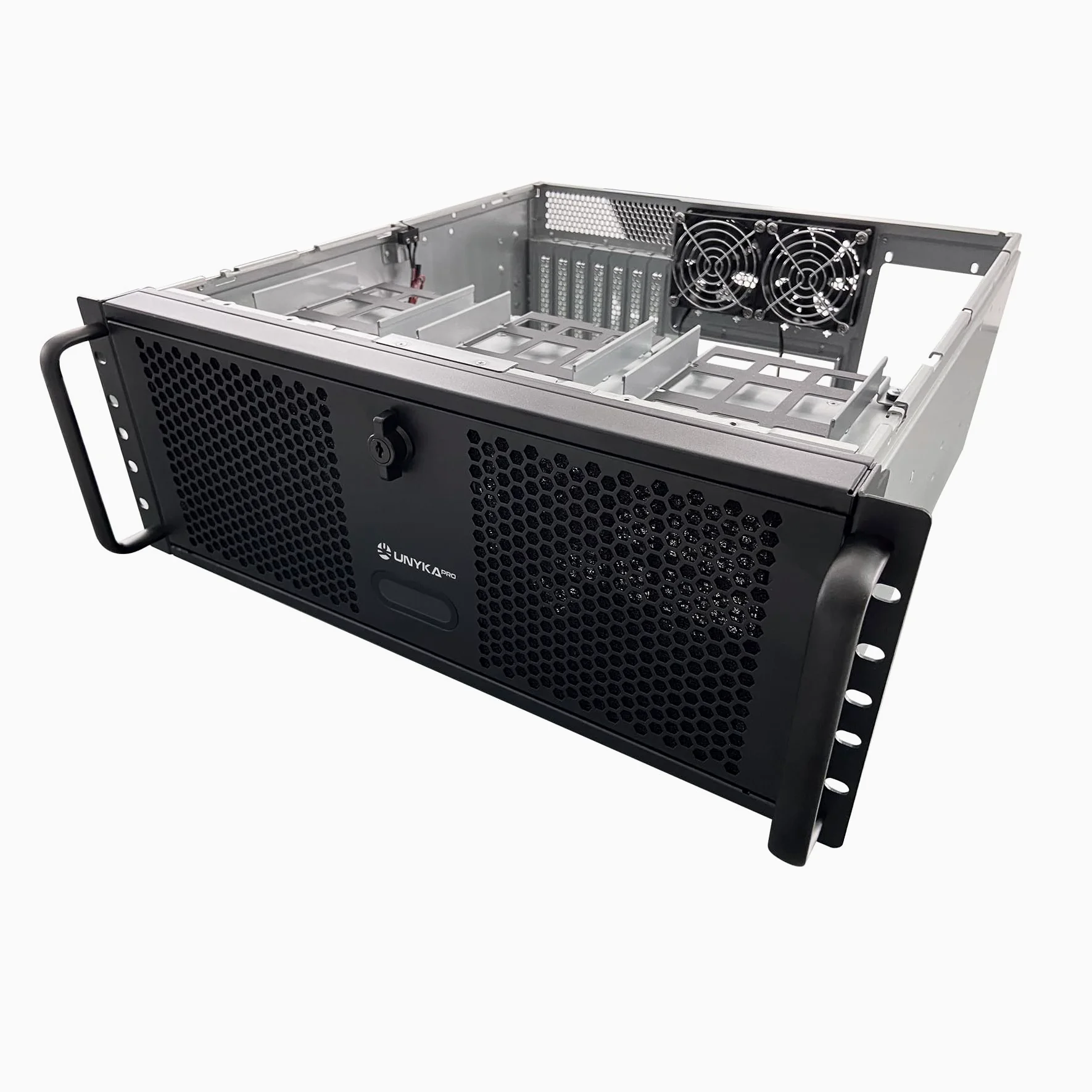 UNYKAch UK4339 19" obudowa stelażowa 4U ATX, kompatybilna z chłodnicami płynnymi 360 mm (uchwyt w zestawie), zamek błyskawiczny, 1 USB 3.0 i 1 USB typu C oraz 2 wentylatory 80 mm | Kompatybilny z chłodzeniem cieczy 360 mm, dołączonym uchwytem, 1 USB 3.0 i