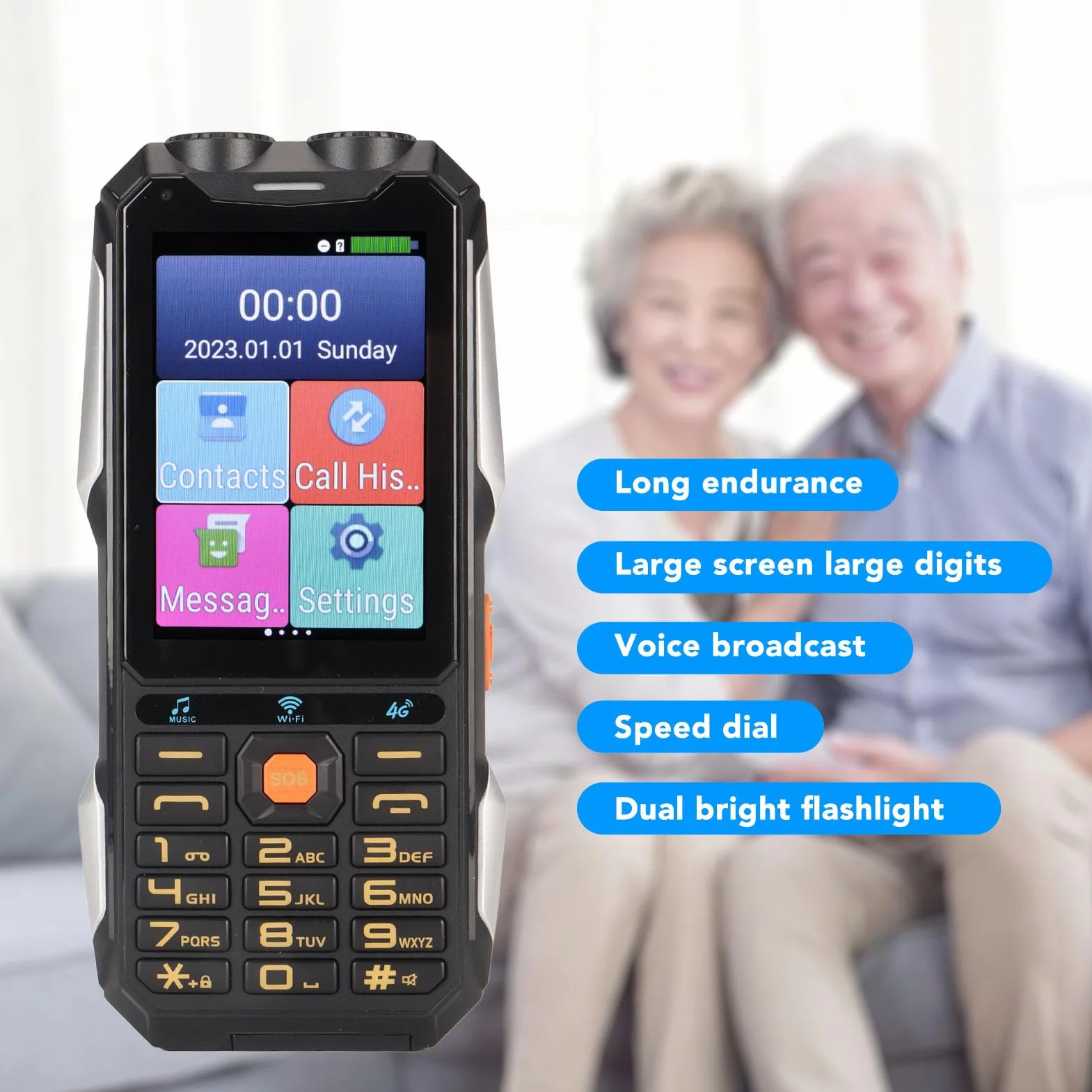 Telefon Komórkowy dla Seniorów, Telefon Komórkowy dla Seniorów z transmisją głosową i 4-calowym Ekranem 4G do Wykonywania połączeń Telefonicznych (czarny)