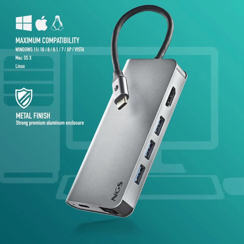NGS WONDER DOCK 8-8 w 1, hub USB-C, adapter wieloportowy (USB 3.0, USB-C, z ładowaniem PD, HDMI, czytnikiem kart SD/TF oraz LAN - RJ45). Kompatybilny z urządzeniami z USB-C