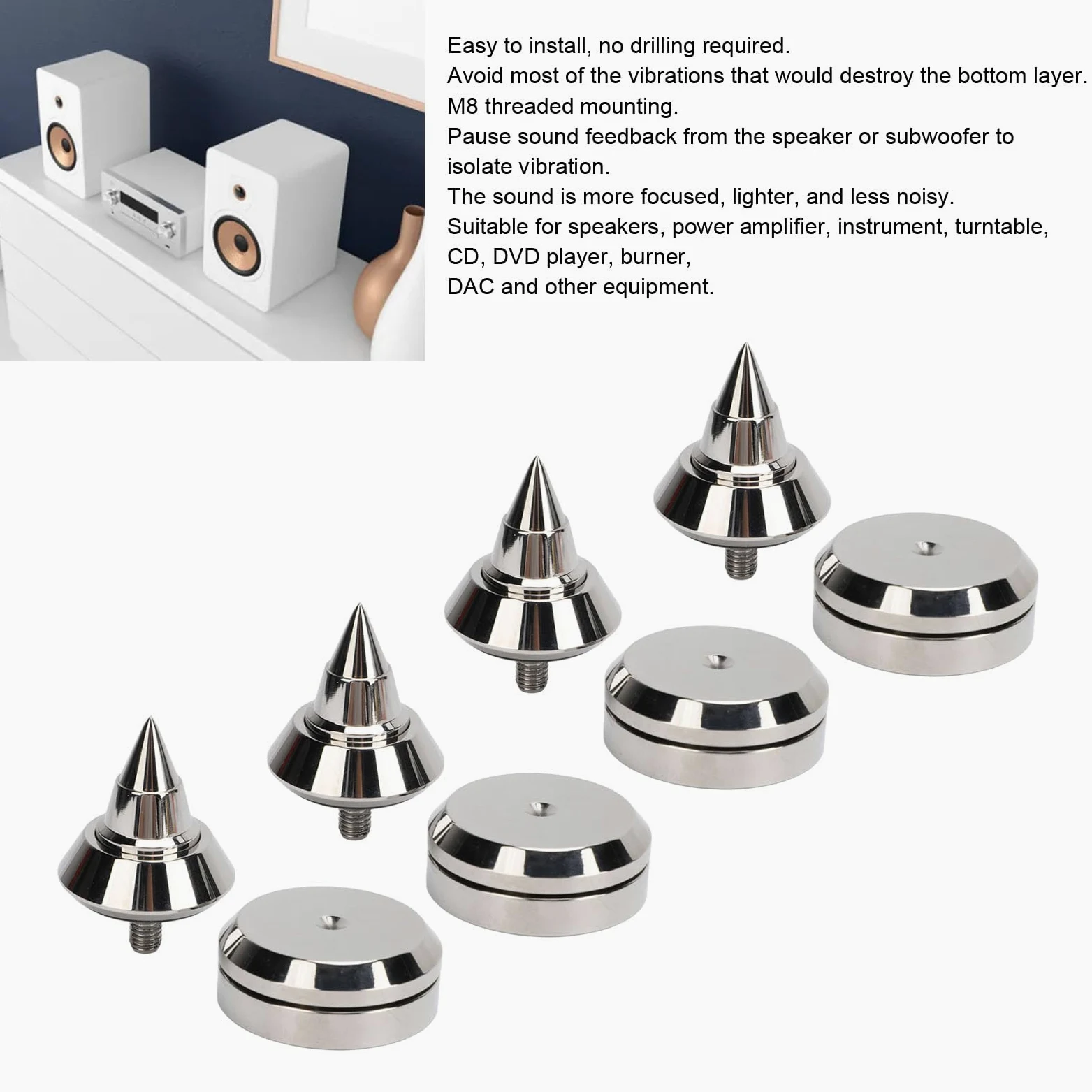 4 stopki amortyzujące ze stopu aluminium M8 z regulacją wysokości do wzmacniacza odtwarzacza CD DVD do sprzętu audio