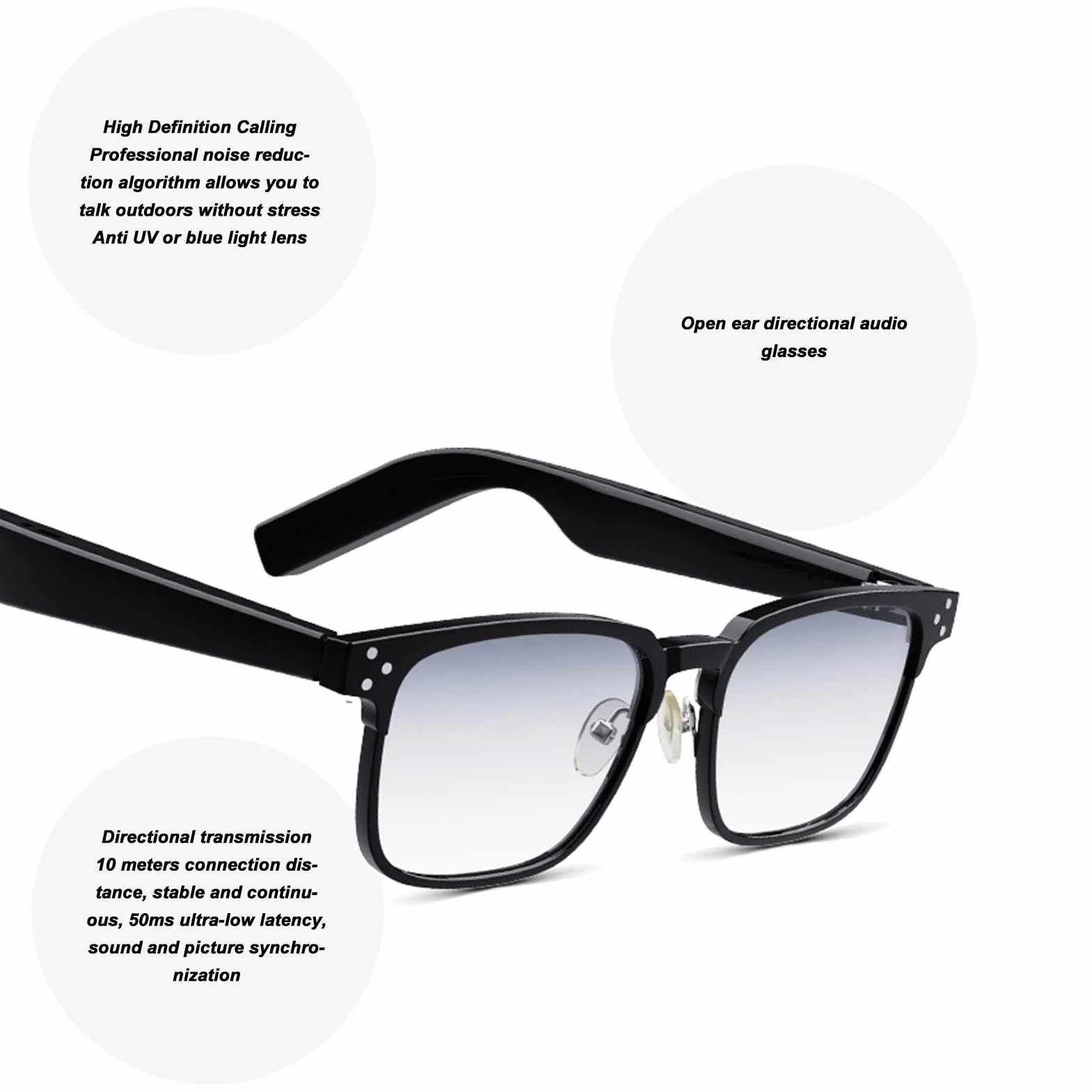 Inteligentne Okulary Audio, Otwarte Okulary Muzyczne Bluetooth 5.3 z Wbudowanymi Dwoma Głośnikami, Blokowanie Niebieskiego światła, wodoodporność IPX4, Profesjonalne Inteligentne