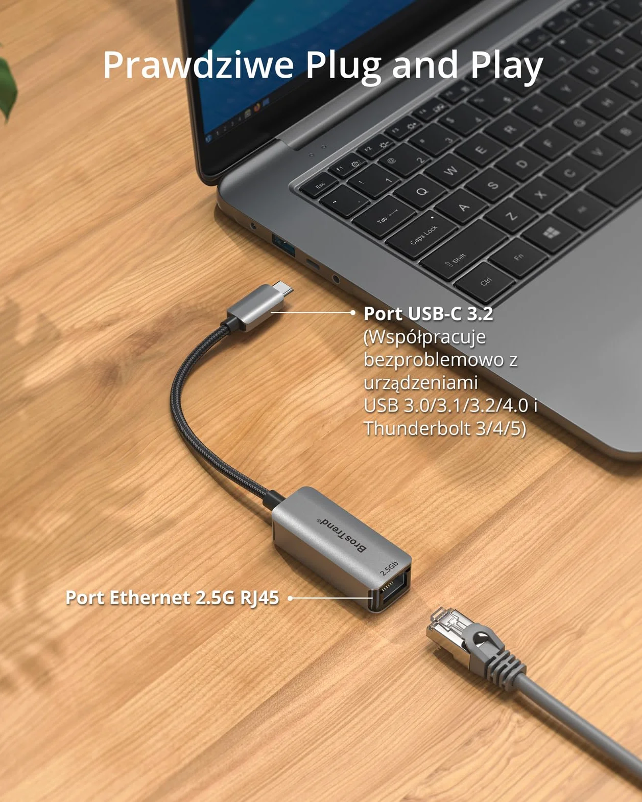 BrosTrend Adapter USB-C do Ethernetu 2,5 Gigabit, 2,5 Gb USB do RJ45 do laptopa, komputera, MacBooka, adapter sieciowy typu C do iOS, ChromeOS, Windows 11/10, Linux, dożywotnia ochrona