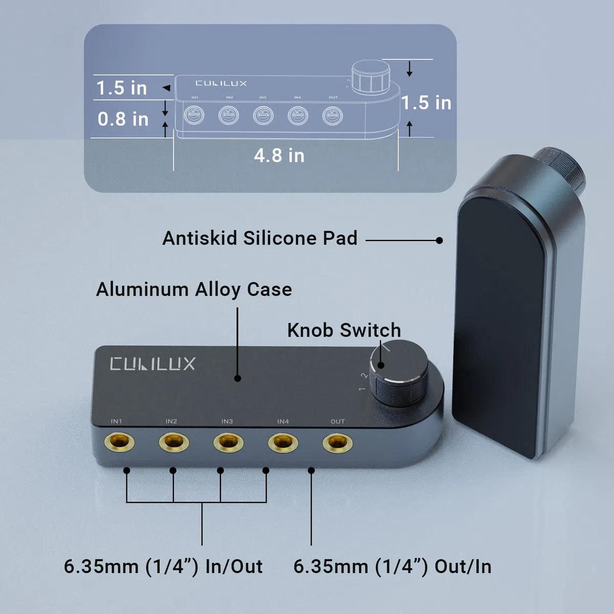 Cubilux Dwukierunkowy Selektor Audio 4-Kanałowy 6.35mm, 1x TRS do 4x TRS Stereo 4-Portowy Przełącznik AUX 1/4" do Głośników, Słuchawek, Subwoofera, Systemu Audio Domowego, Miksera, Wzmacniacza