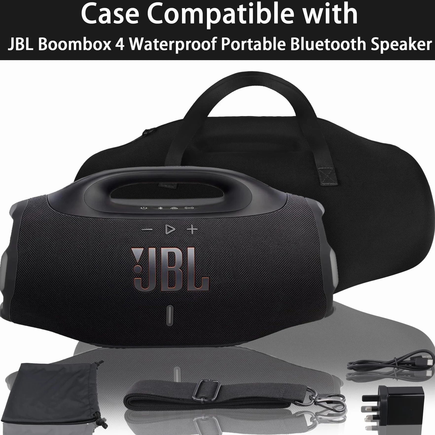 co2CREA Twarde etui podróżne z mini torbą na akcesoria i paskiem na ramię do głośnika Bluetooth JBL Boombox 3 WiFi/Boombox 2, Czarny, Fits JBL Boombox 4