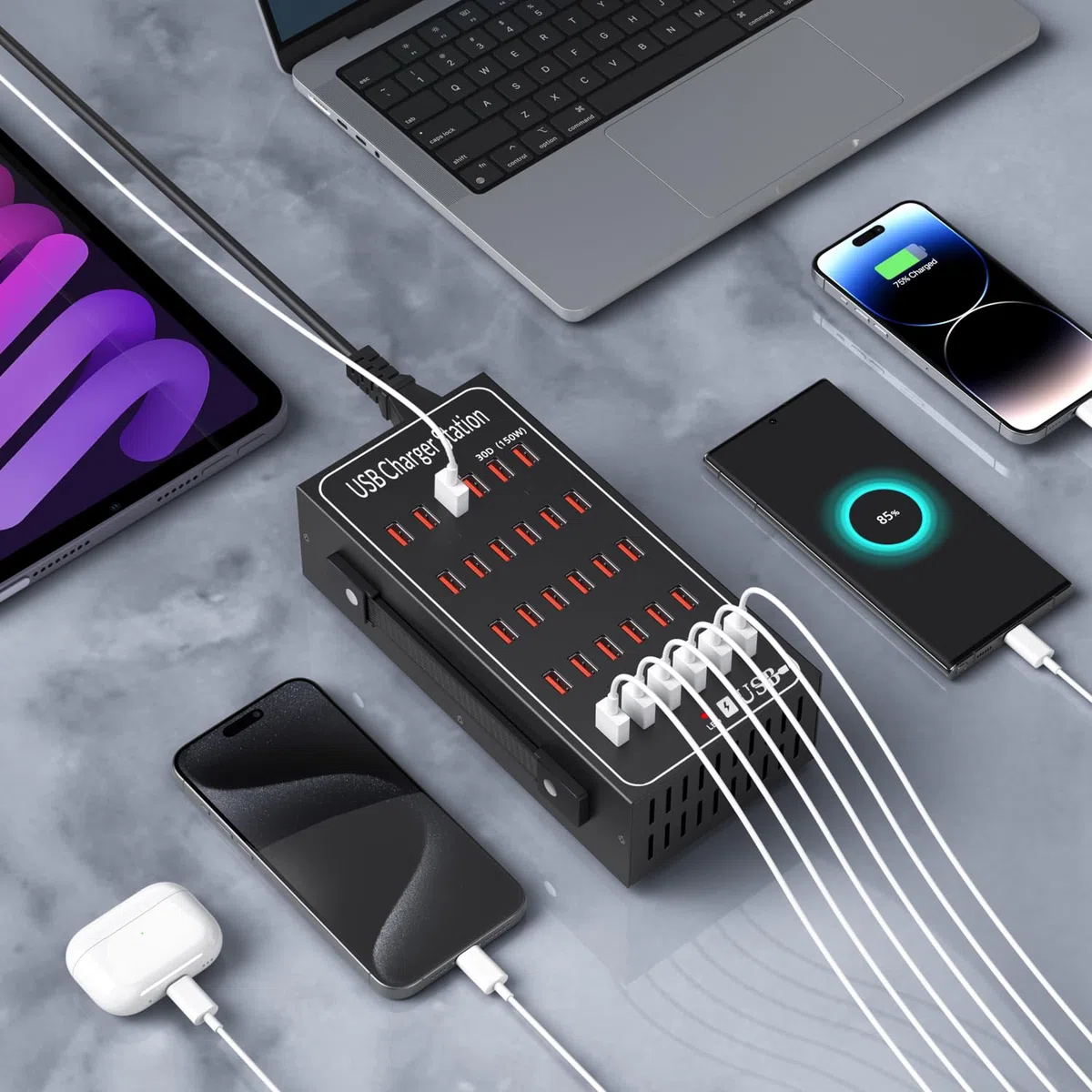 Ładowarka USB, 30 portów, 150 W/30 A, stacja ładująca, adapter sieciowy, ładowarka USB-A, hub, ładowarka ścienna, wtyczka sieciowa, kompatybilna z iPhone/Samsung/Google/tabletem itp.