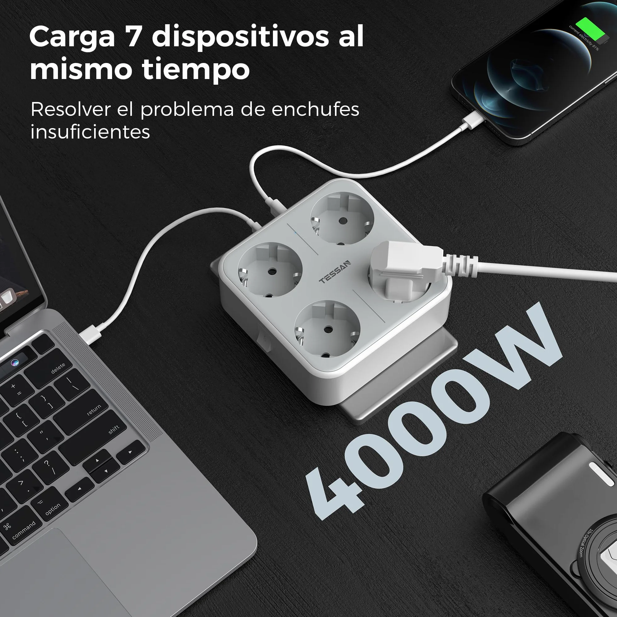 TESSAN Gniazda USB C, Wiele Gniazd 4 Gniazda Schuko z 1 USB C i 2 USB A, do Gniazd 4000 W, Gniazdo USB 7 w 1 do Biura, Kuchni, Gniazdo ścienne Szare