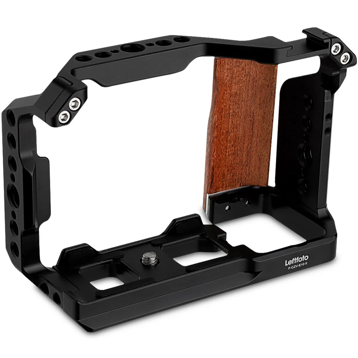 Leftfoto ZV-E10 II ulepszona metalowa klatka do aparatu Sony Alpha ZV-E10 II z wbudowanym, ergonomicznym drewnianym uchwytem, płytka szybkiego montażu do Arca do nagrywania wideo Vlog