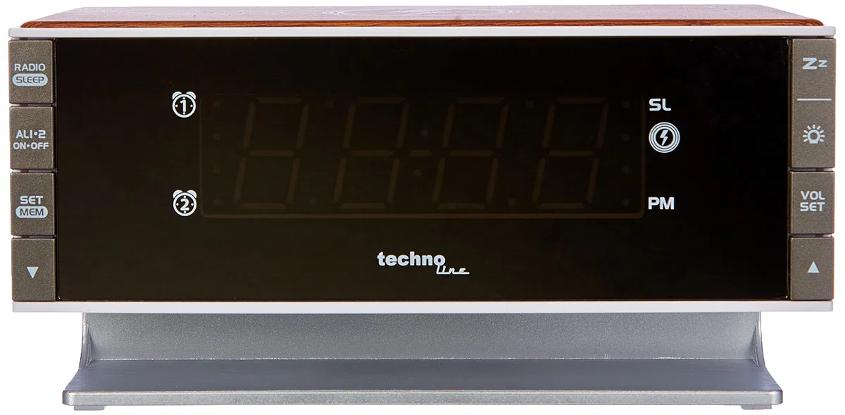 radiobudzik LED technoline WT487, kompatybilny z urządzeniami obsługującymi technologię Qi (ładowanie bezprzewodowe, funkcja ładowania indukcyjnego)