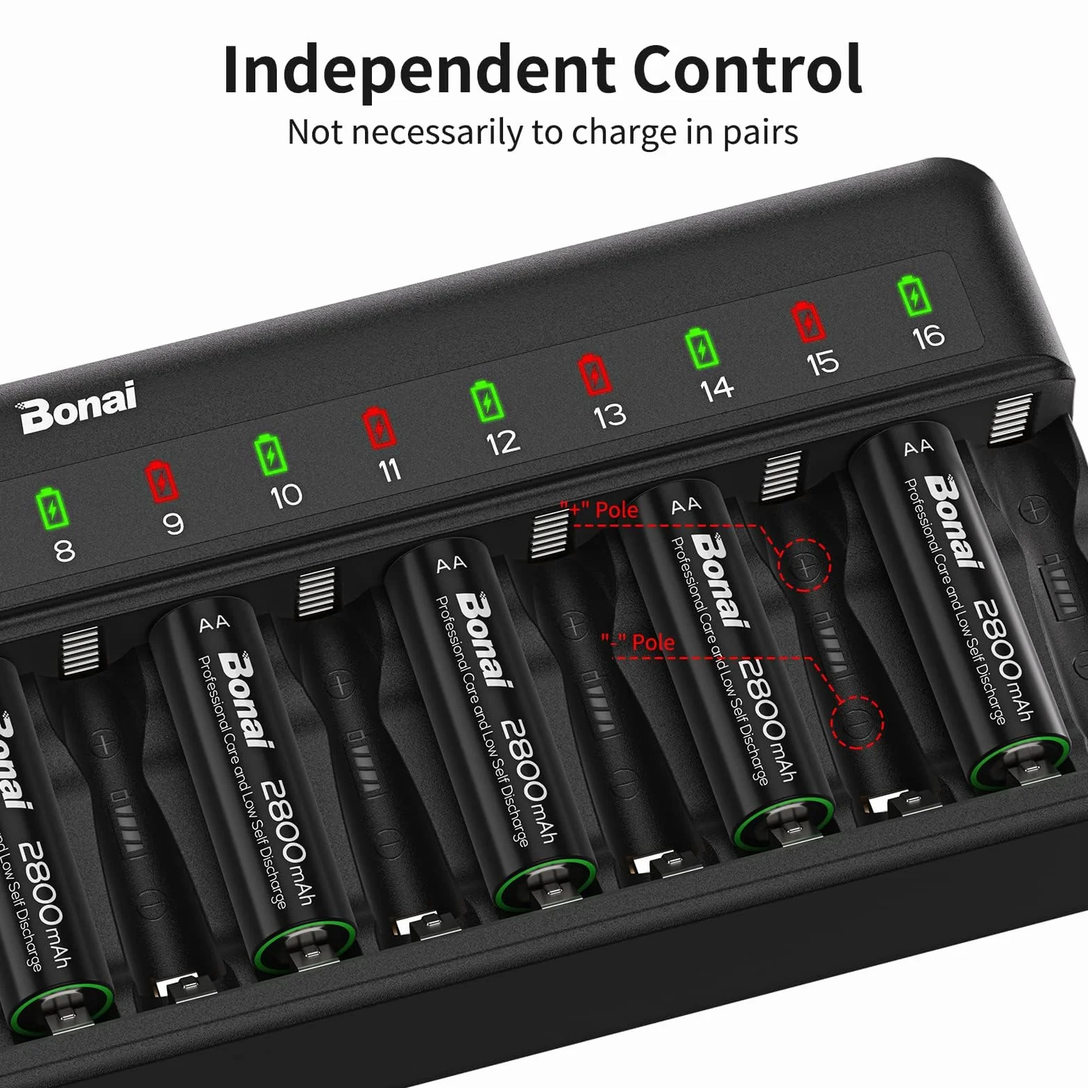 Ładowarka BONAI AA AAA 16-gniazdowa uniwersalna inteligentna LED do akumulatorów NI-MH NI-CD