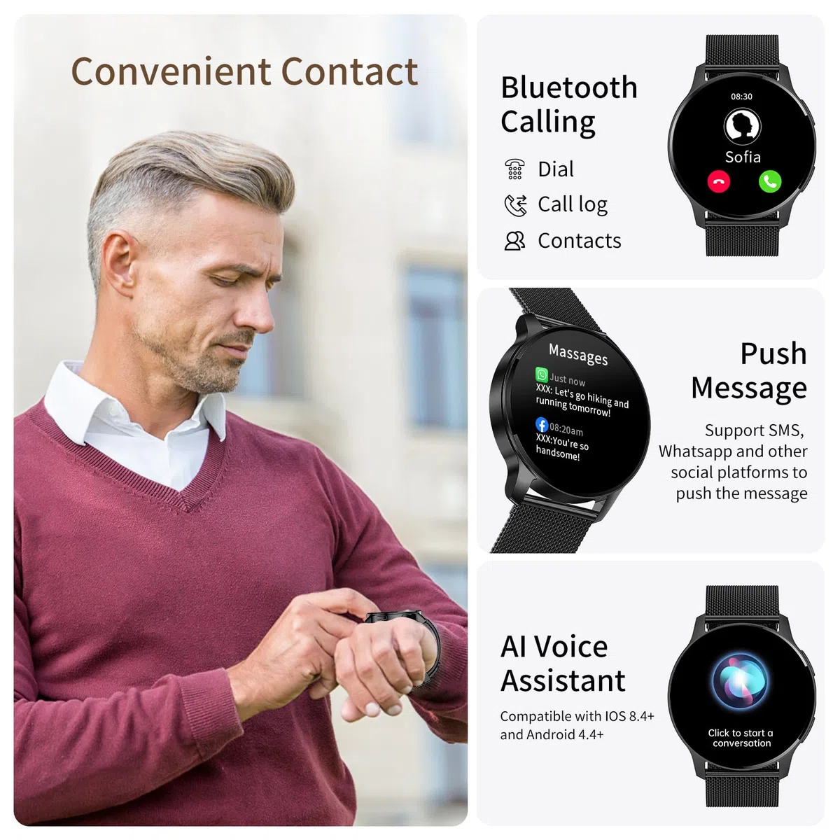 Smartwatch Damski Męski Inteligentny Zegarek Telefon 1.34" Ekran Dotykowy HD Zegarek Fitness Okrągły Wodoodporny Krokomierz Monitor Cykl Menstruacyjny Prezenty Android IOS [3 Paski]
