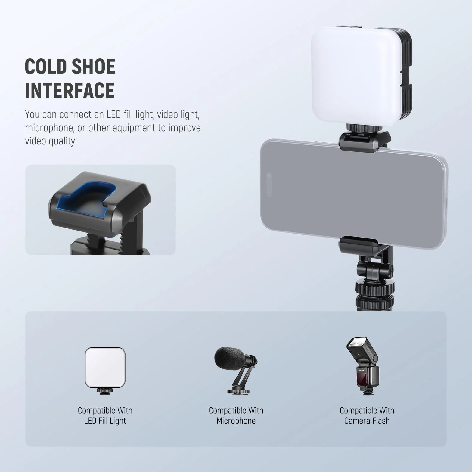 Neewer Podstawowy uchwyt na statyw do telefonu z gwintem 1/10.2 cm i zimną stopką, 6-9 cm, obracany o 360°, zacisk do telefonu komórkowego iPhone 16 15 14 13 12 11 Pro Max X XR Samsung S24 Ultra,