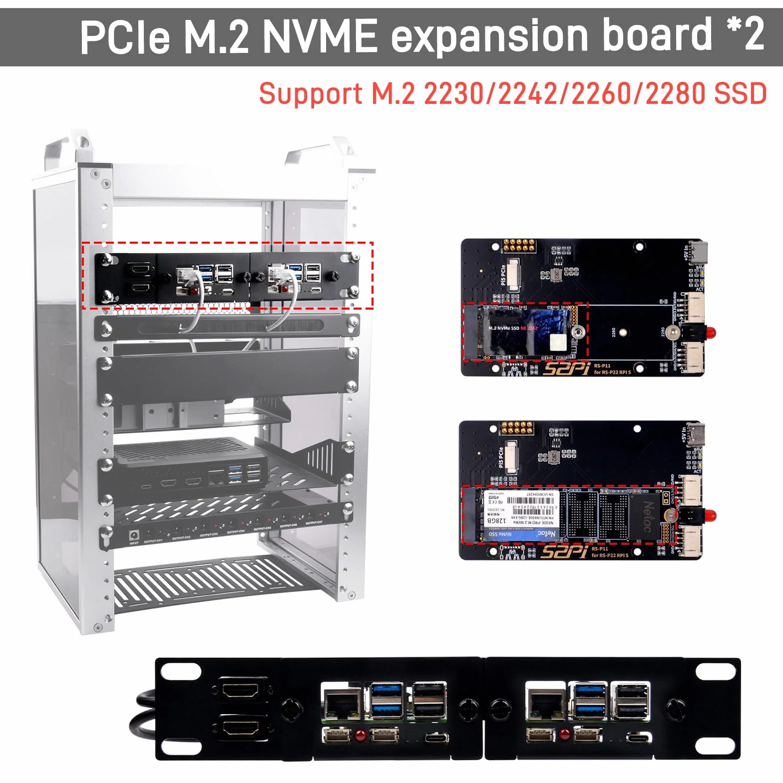 GeeekPi 10-calowy uchwyt 1U do Raspberry Pi 5, adapter PCIe M.2 NVMe SSD, kompatybilny z DeskPi RackMate T0/T1/T2/TT