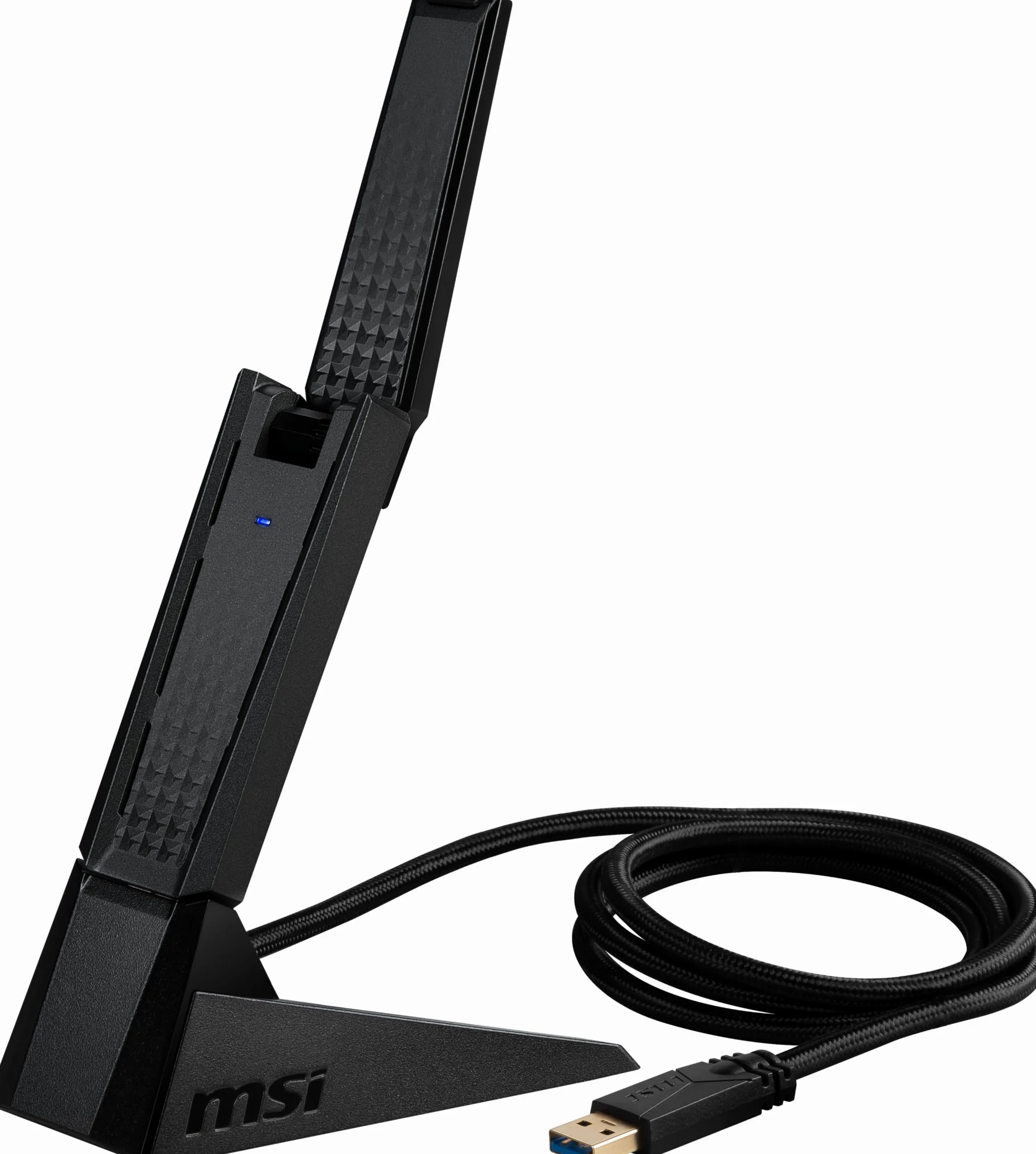 MSI AXE5400 WiFi 6E adapter USB – WLAN do 5400 Mb/s (6 GHz, 5 GHz, bezprzewodowa 2,4 GHz), USB 3.2 Gen 1, MU-MIMO, 2 x trójpasmowe anteny o wysokim wzmocnieniu, formowanie wiązki, WPA3 – w zestawie