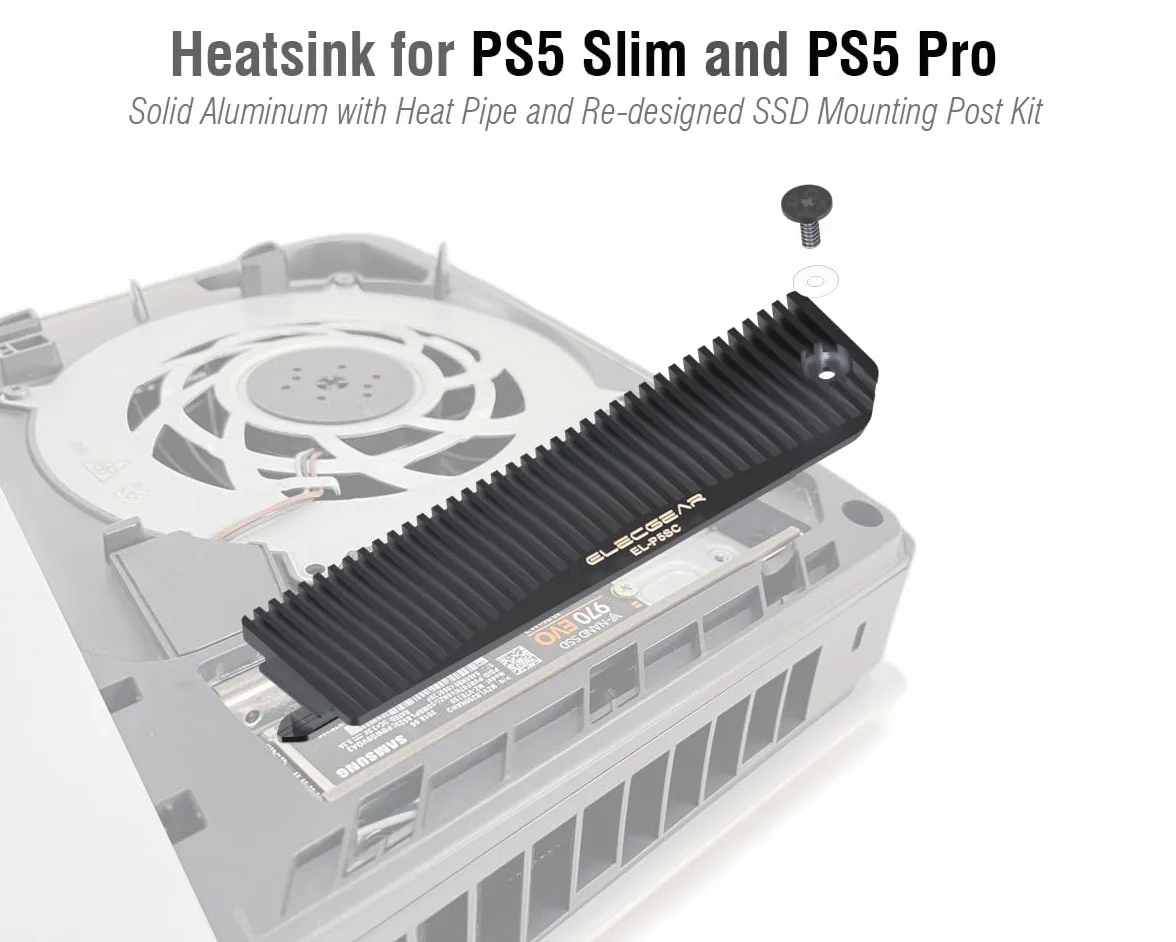 ElecGear Radiator do SSD PS5 Slim, Rura Cieplna + Aluminiowy Heatsink Chłodnica do PS5 Slim CUH-2000 PCIe M.2 NVMe Gen4, Przeprojektowany Zestaw Montażowy Dysku SSD (EL-P5SC)