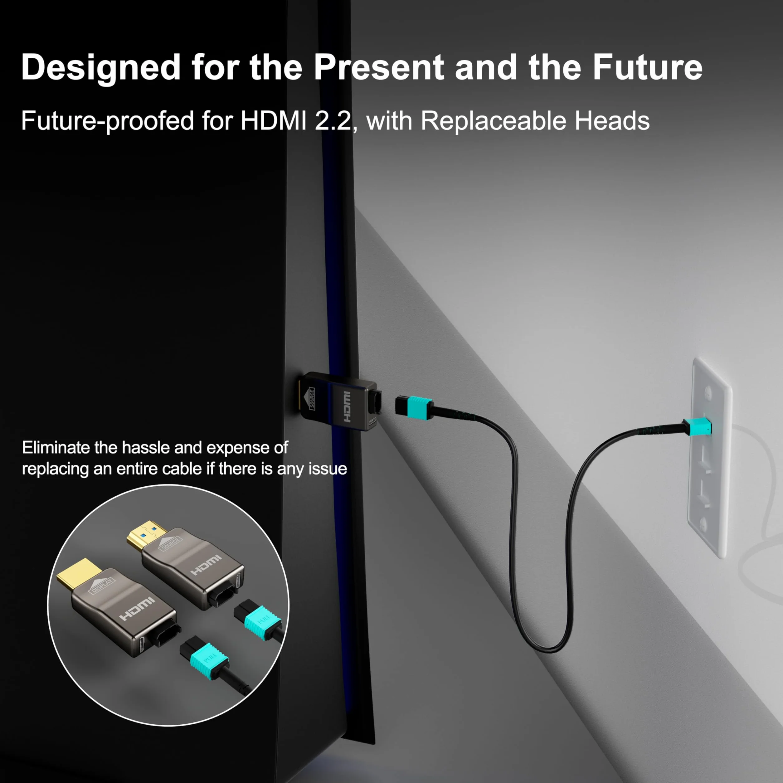 RUIPRO HDMI 2.1 8K, pełny światłowód, odłączany, opancerzony, 48Gbps, 3 m | Pełny światłowód zmniejsza EMI względem miedzi, a odłączane moduły pozwalają uniknąć wymiany całego kabla w ścianie