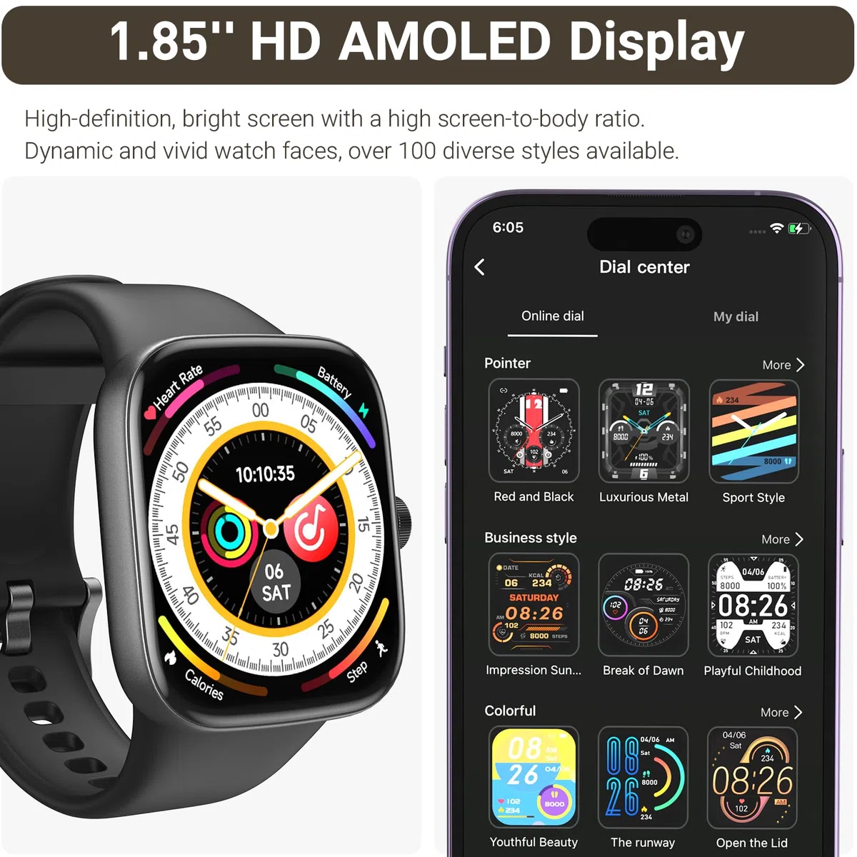 TOZO S7 Smartwatch Bluetooth Call 1,85-calowy ekran dotykowy AMOLED Ultra HD, dynamiczne wybieranie wiadomości, ponad 100 trybów sportowych, wykrywanie zdrowia ludzkiego z długą baterią