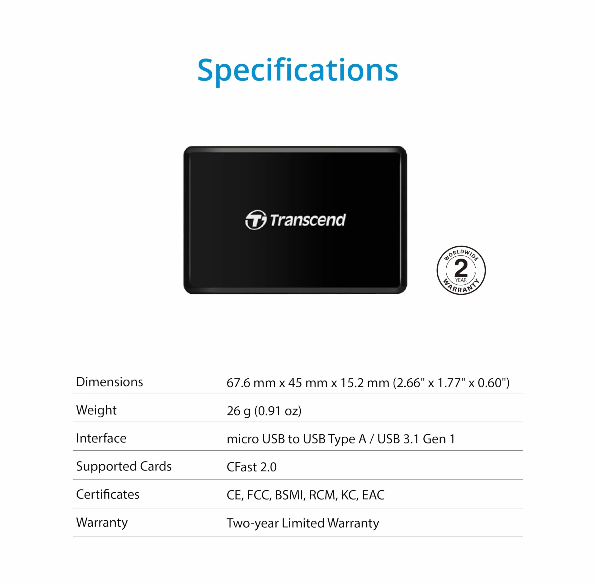 Transcend czytnik kart CFast USB 3.1 Type-A TS-RDF2 Czarny