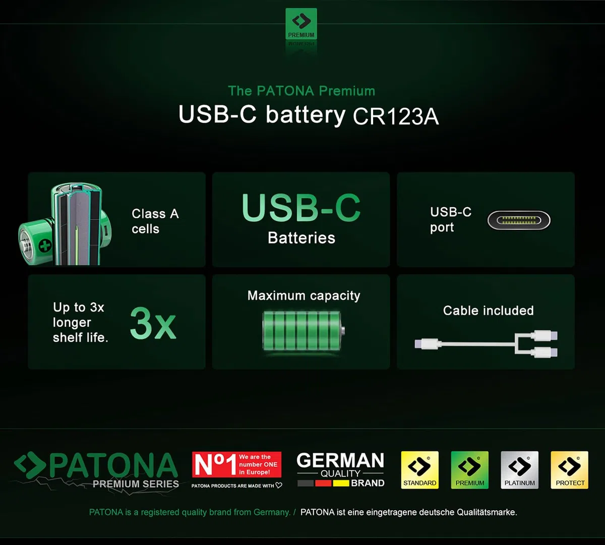 PATONA 8 x USB-C Premium CR123A, akumulator 2400 mWh 3,0 V, do ponownego ładowania, kabel do ładowania 1 na 2 USB C – długa żywotność ponad 1000 cykli ładowania do aparatów, pilotów, latarek