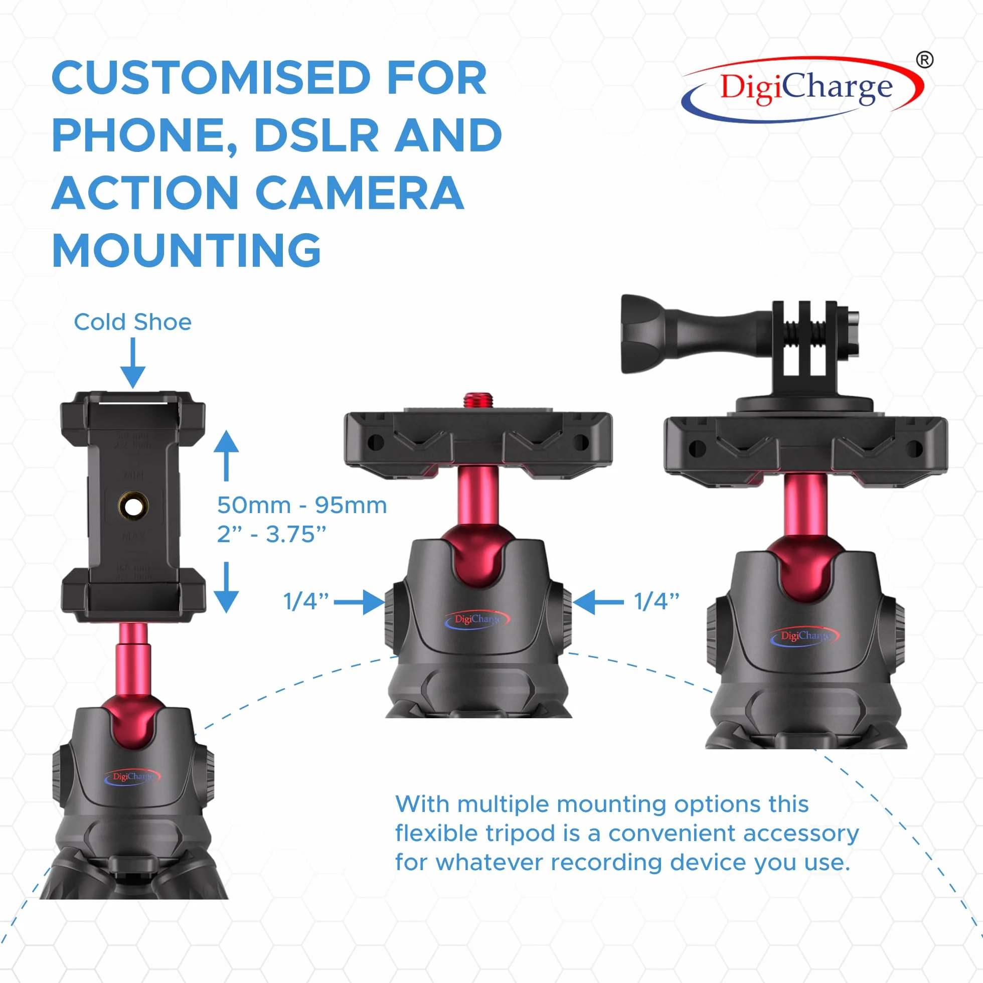 Digicharge Elastyczny statyw do telefonu/kamery sportowej/kamery kompatybilny ze smartfonem/Gopro Hero / Insta360 / aparatami cyfrowymi i DSLR Gorilla Tri Pod Mount Stand