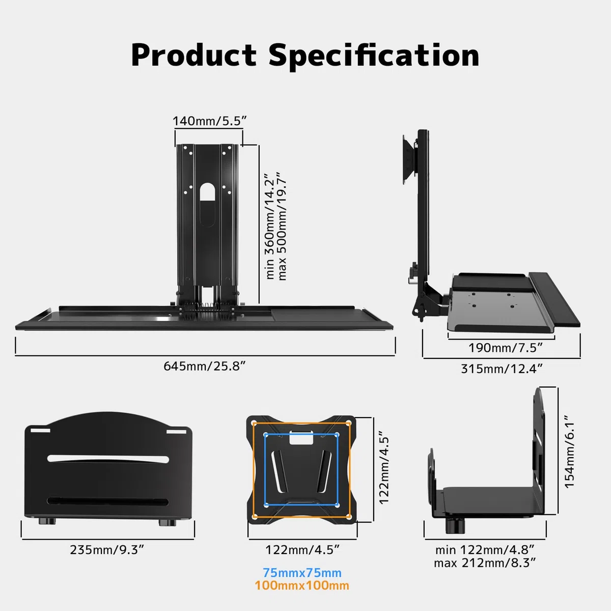 Uchwyt ścienny do monitora i klawiatury z uchwytem na procesor do monitorów 81.3 cm (maks. 25 kg), tacą na klawiaturę (obciążenie 2 kg) i uchwytem na procesor (pojemność 10 kg) - regulacja wysokości