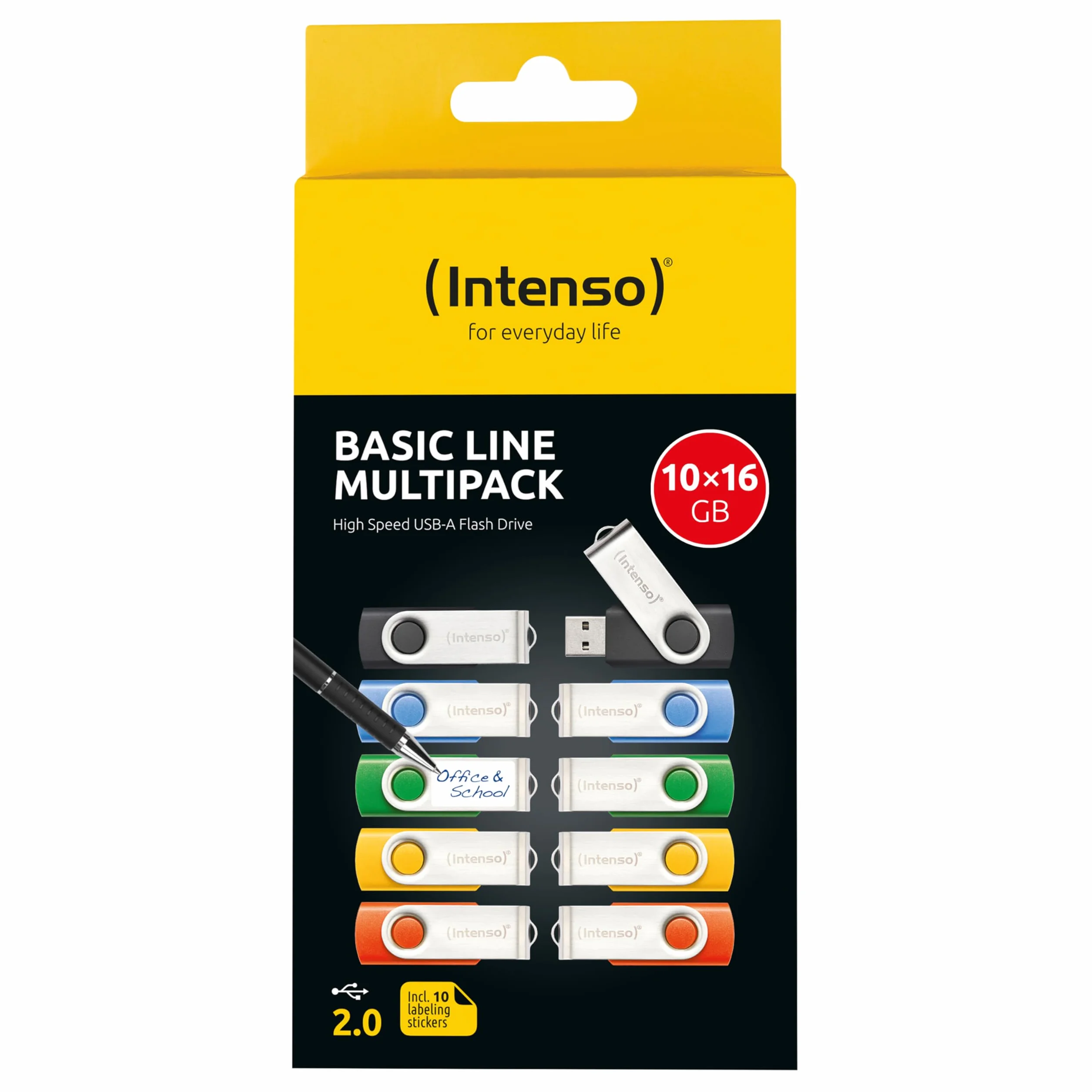 Intenso Basic Line pamięć USB, wielopak, 10 x 16 GB, USB 2.0, w zestawie etykiety z opisami, kolorowe