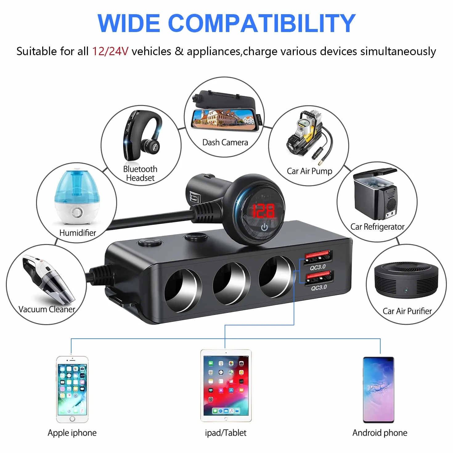 OOWOLF Rozdzielacz zapalniczki samochodowej adapter ładowarki – QC 3.0 Auto potrójny 180 W 12 V/24 V rozdzielacz samochodowy gniazdo z woltomierzem (Czarny - z przełącznikiem zasilania)