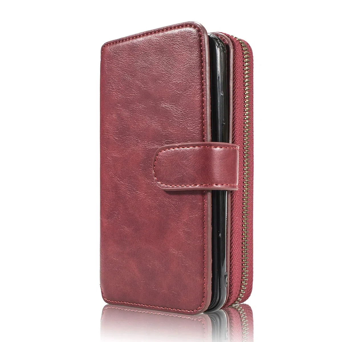 Etui do iPhone 14 / 14 Pro / 14 Plus / 14 Pro Max, skórzane etui portfelowe w stylu retro, zamek błyskawiczny, etui na telefon komórkowy, skóra PU, z klapką, bumper, z 8 przegródkami na karty, funkcja stojaka, czerwone, 14 Pro Max 6,7"