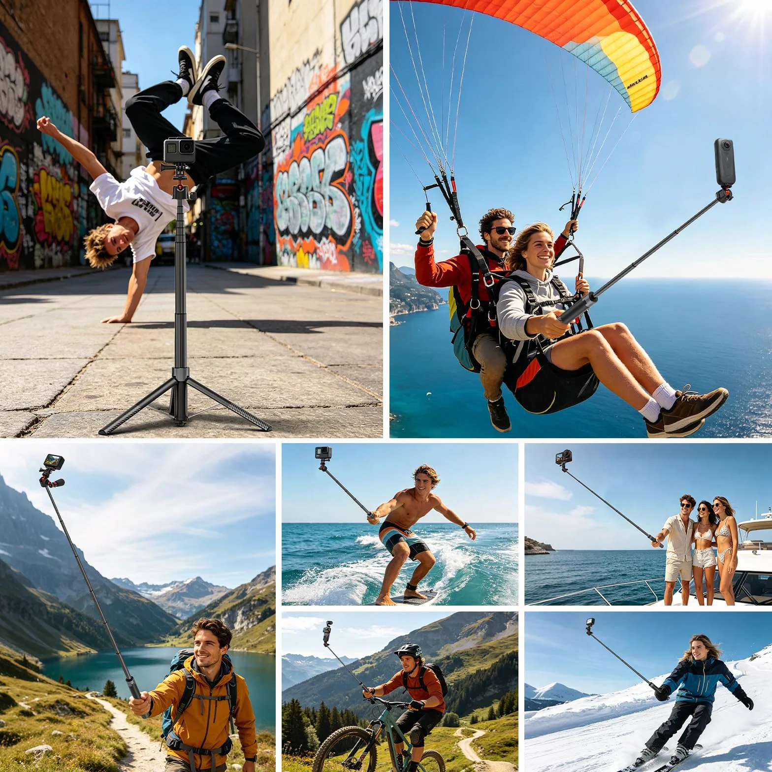 Wiseten Statyw do selfie 170 cm do DJI Osmo Pocket 3 DJI Action 5 Pro/4 Insta 360 X5 X4 GoPro Hero 14/13/12/11/10/9 Black, Action Cam statyw podróżny 2 w 1 / uchwyt / uchwyt / uchwyt / akcesoria