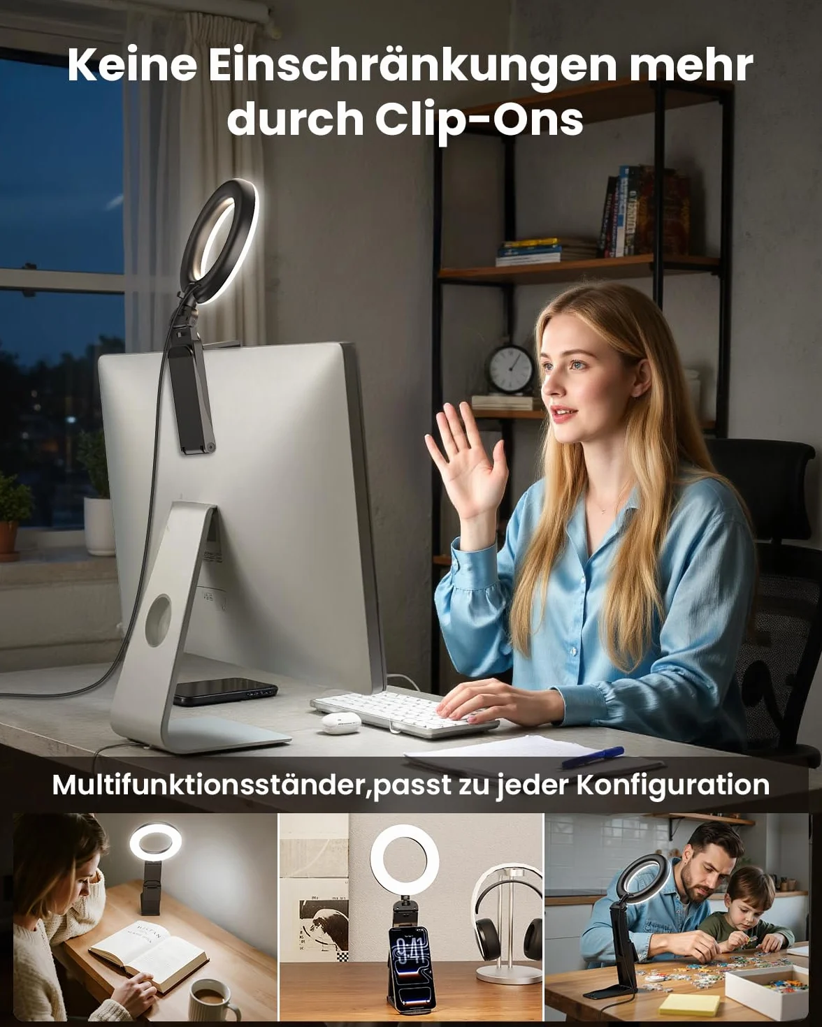 Evershop lampa pierścieniowa do laptopa, telefonu komórkowego, 5", lampa pierścieniowa ze statywem i uchwytem na telefon komórkowy, 3 kolory światła + 10 poziomów jasności, obracane o 360°