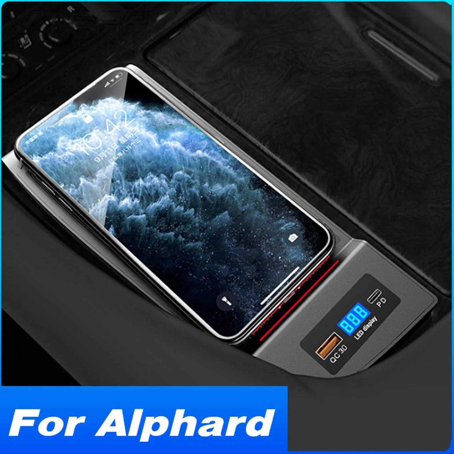 Ładowarka bezprzewodowa QI do samochodu, for Toyota, Alphard Akcesoria Modyfikacja wnętrza 15 W Szybka płytka ładująca telefon 2018 2019 2020 Samochodowa płyta ładująca(Single Coil 15W LHD)