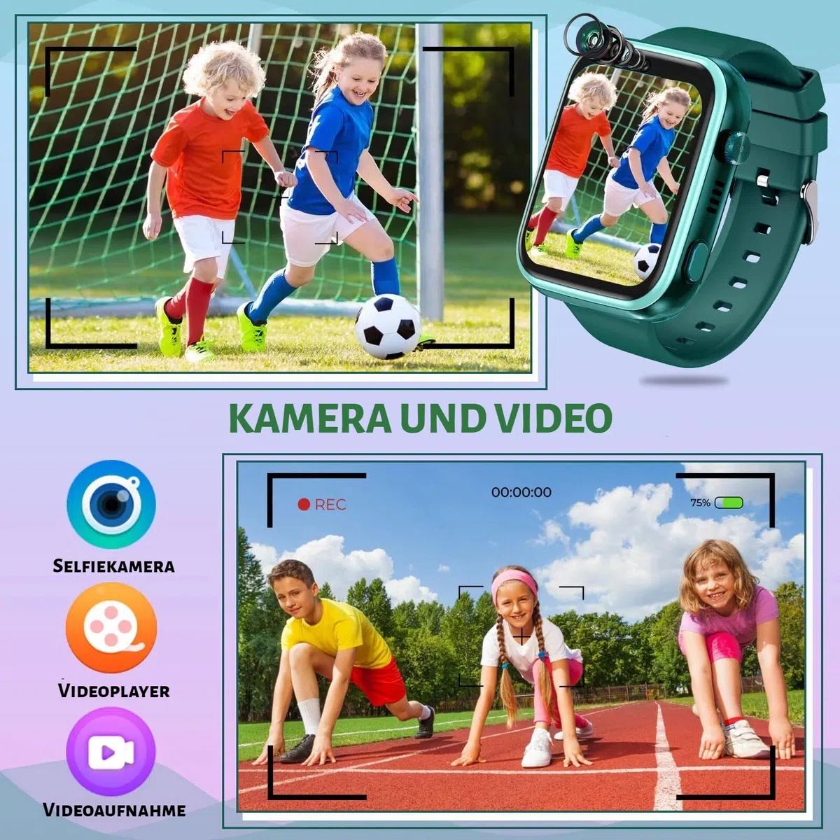OKYUK Smartwatch dziecięcy 4G z trackerem GPS, dwukierunkowe połączenia, SOS, smartwatch z wieloma stylami pulpitu do wyboru dla 6-12 chłopców i dziewczynek (ciemnozielony)