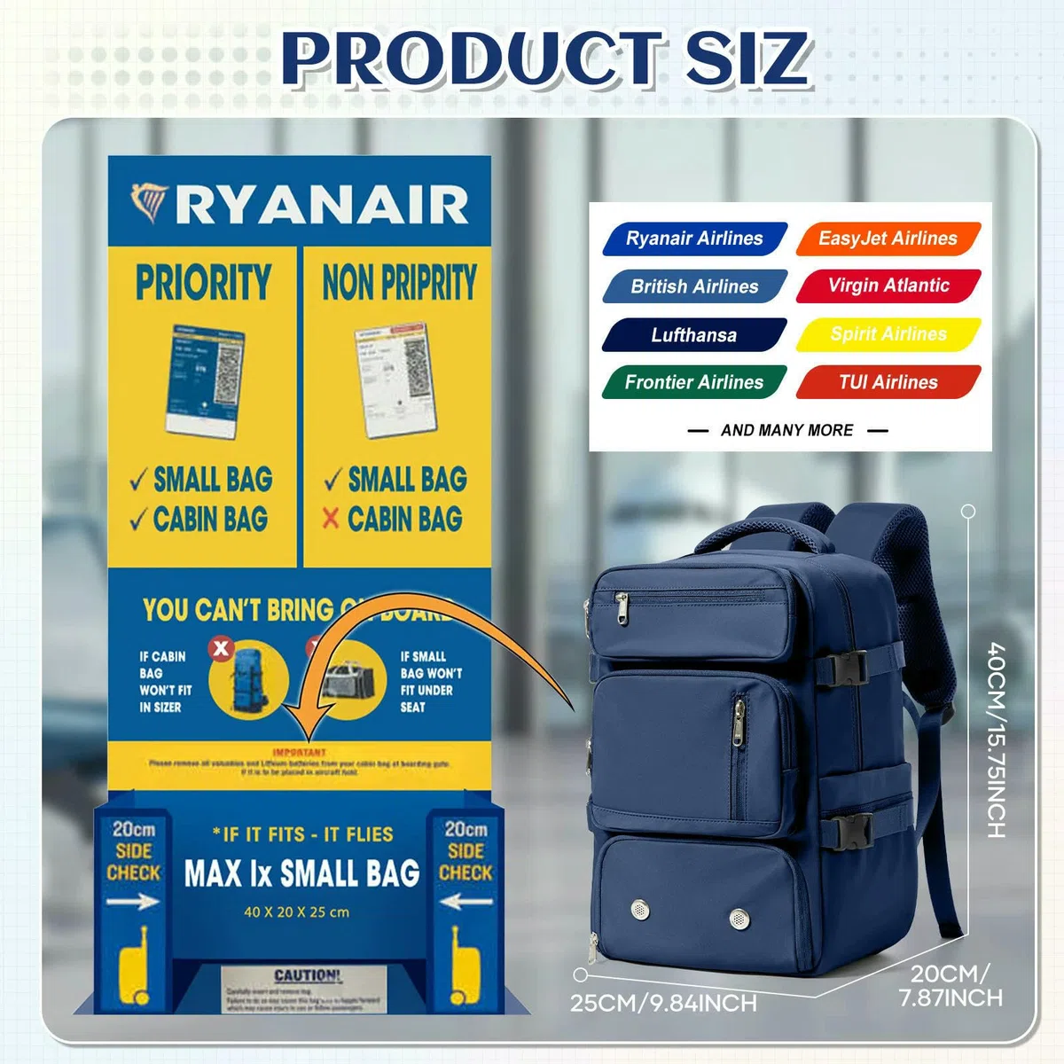 Plecak podróżny z zabezpieczeniem przed kradzieżą do samolotu – zatwierdzona torba kabinowa Ryanair, na laptopa do wędrówek i sportu, bagaż podręczny dla mężczyzn-ciemnoniebieski