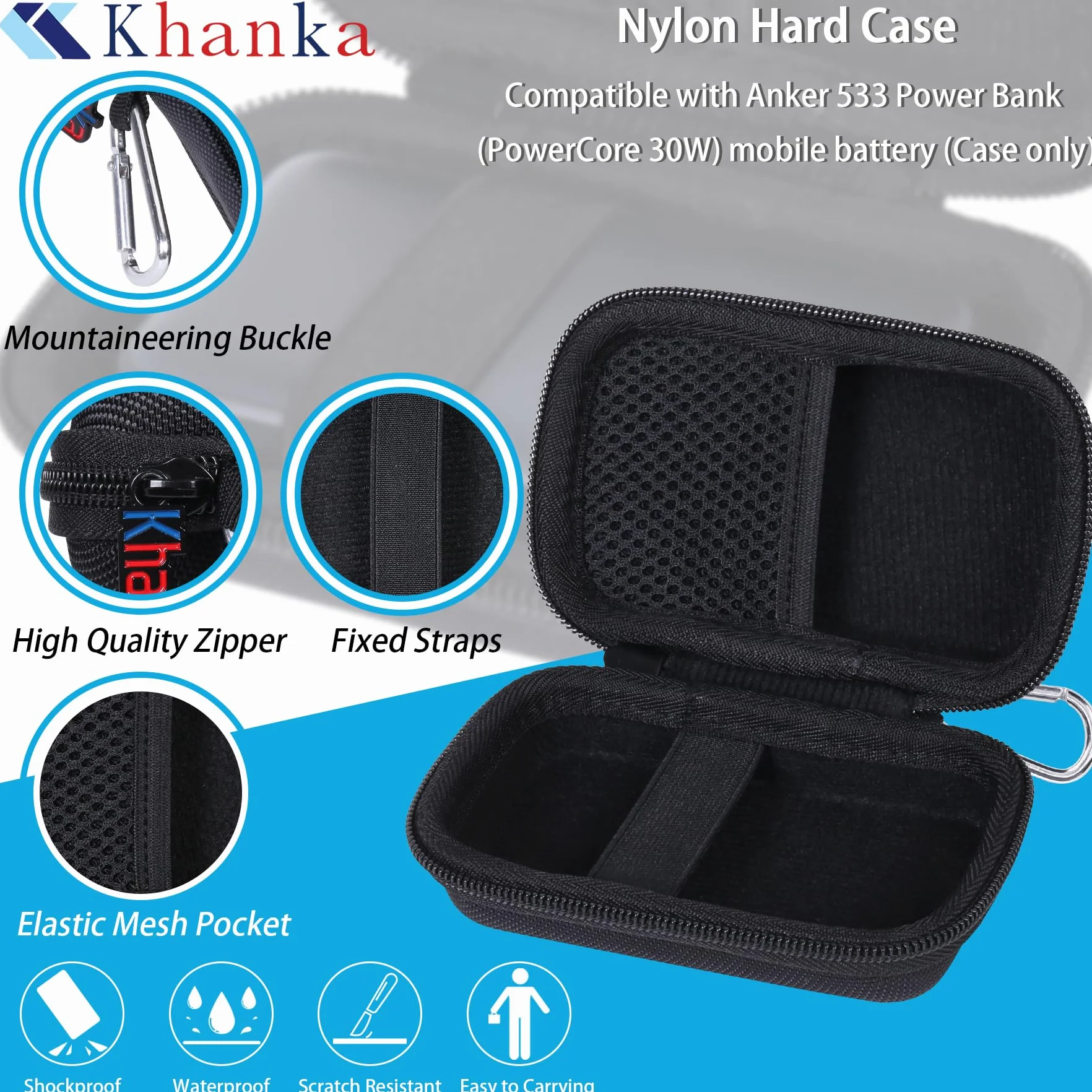 Khanka Zamienny twardy futerał do Anker Nano 30W Power Bank 10000 mAh, pokrowiec podróżny, czarny