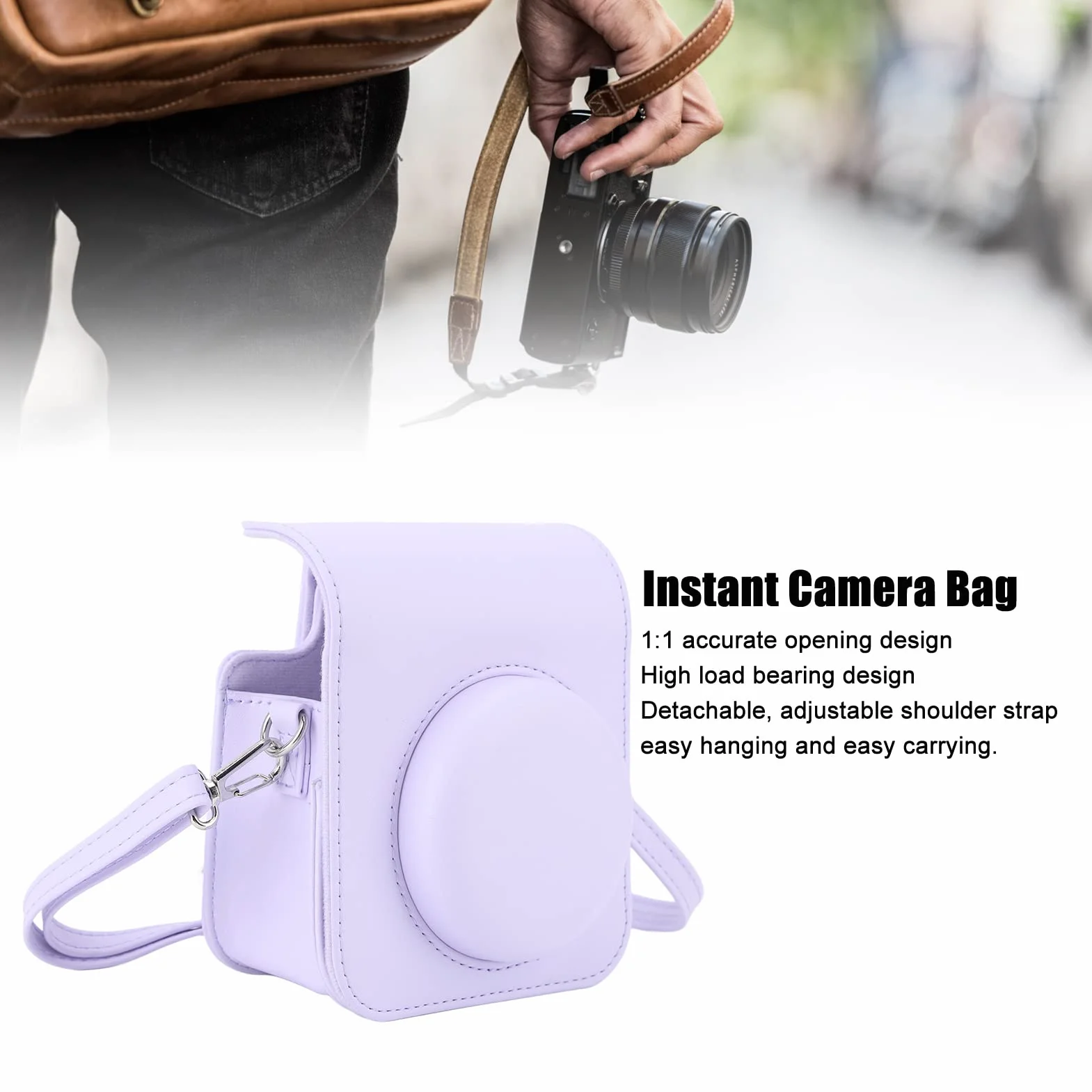 ASHATA Etui Ochronne do Aparatu Fuji Instax Mini 12, Torba PU na Aparat Mini 12 z Regulowanym Paskiem na ramię (Fioletowy Irys), ASHATA5GSAGK04CI-16