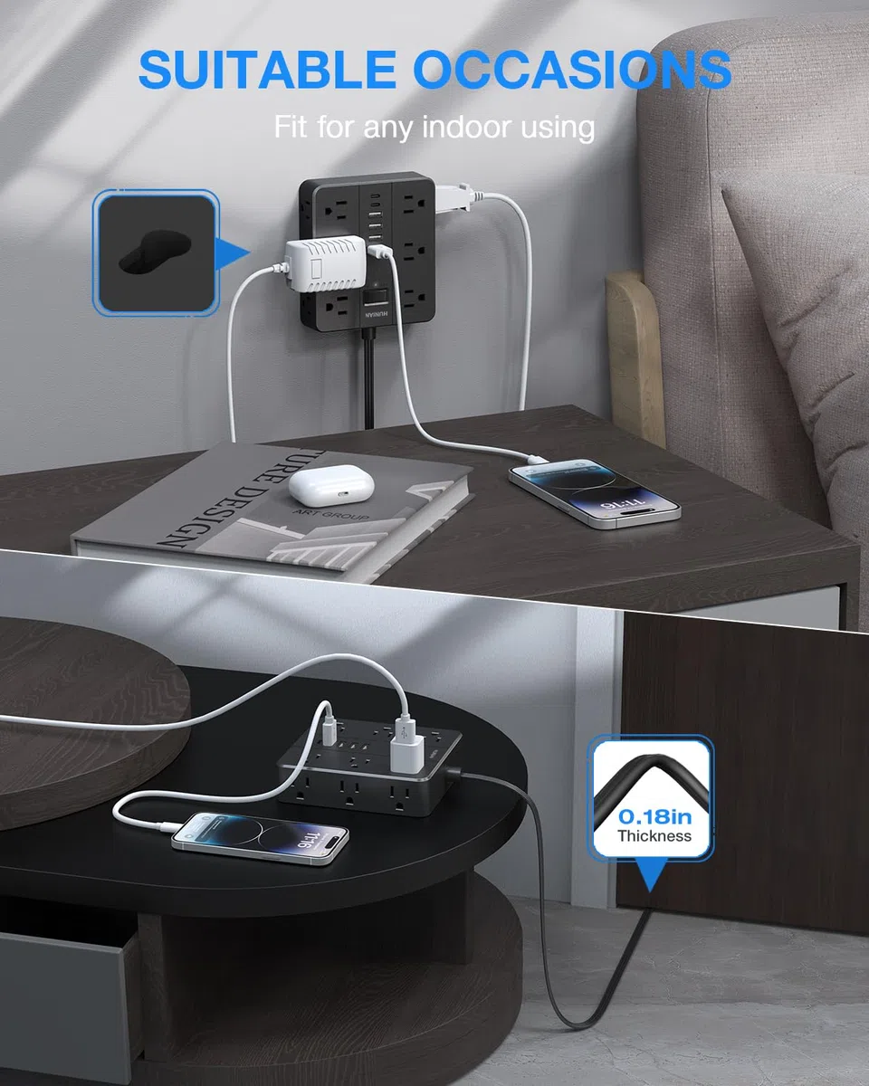 HUNIAN - Ochrona przeciwprzepięciowa z płaską wtyczką, przedłużacz 5 stóp z 12 rozstawionymi gniazdami wielokrotnymi, 6 ładowarkami USB (2 porty USB C), komputerowa stacja ładująca dla