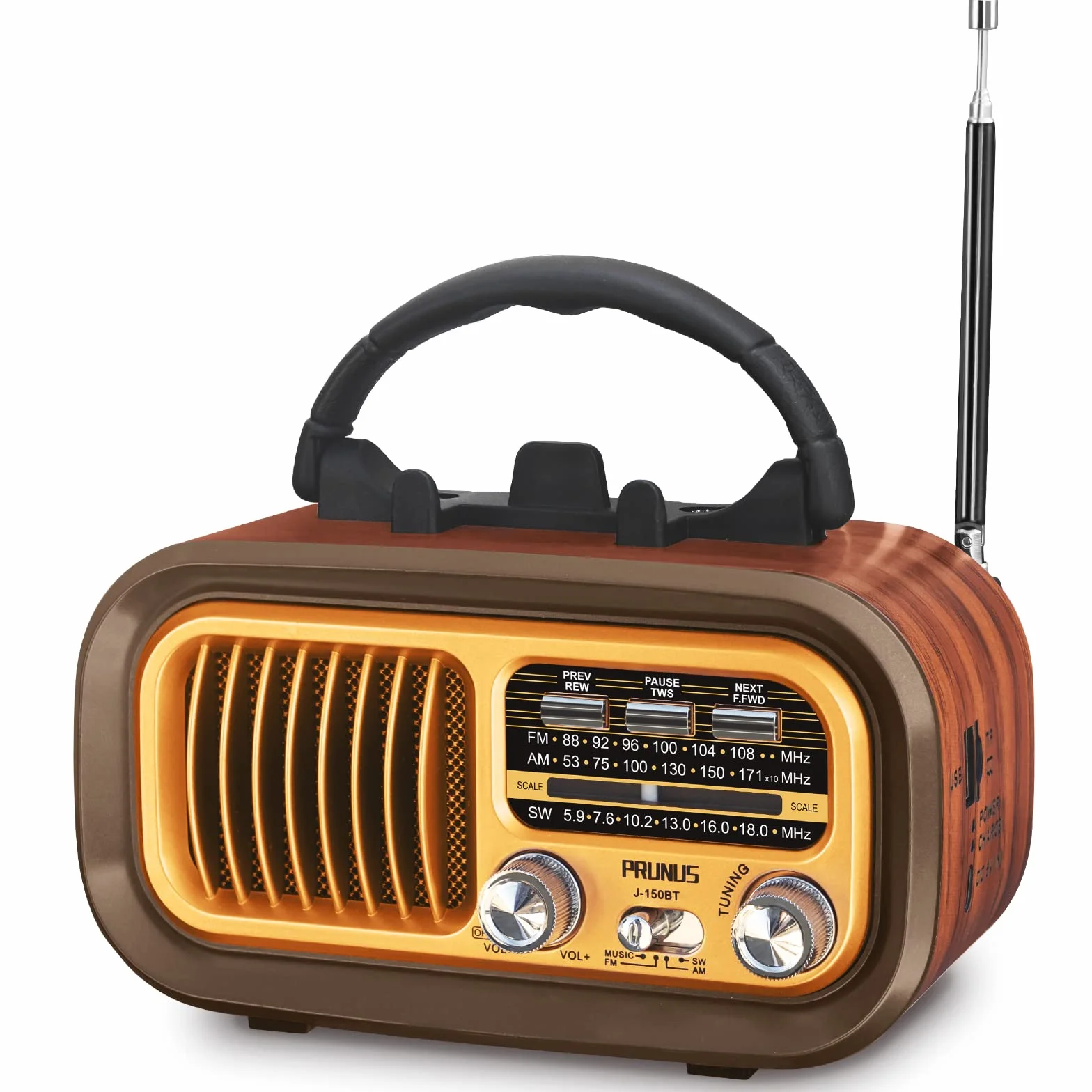 PRUNUS J-150 Vintage Radio AM/FM/SW z akumulatorem 1200 mAh i bateriami D, miniradio w stylu vintage retro, tranzystor radiowy kompatybilny z Bluetooth/USB/TF