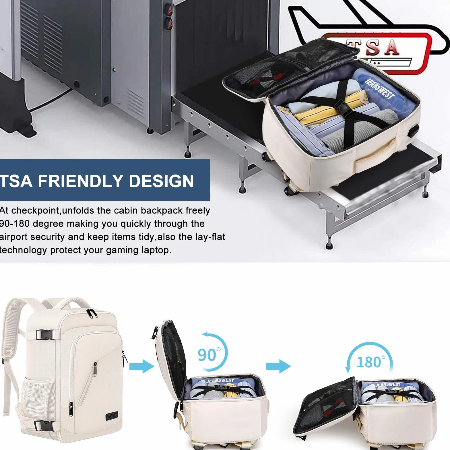 Plecak podróżny z przyłączem USB, beżowy, 40 x 20 x