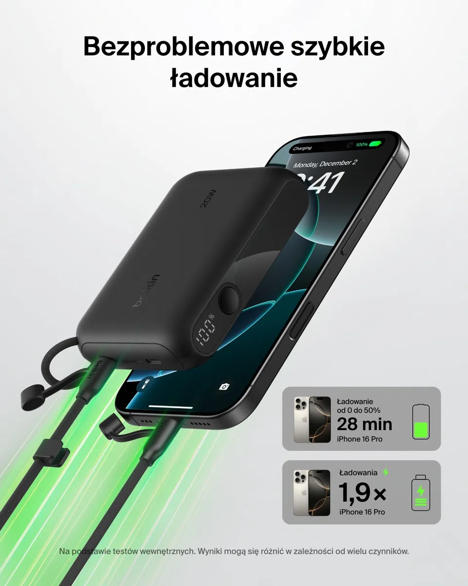 Belkin Power Bank 10000 mAh, Przenośna ładowarka z 2 portami USB-C, cyfrowy wyświetlacz, ładowanie urządzeń iPhone serii 16 i 15, Samsung Galaxy S25, S24, Pixel 9, iPad z mocą 20 W – Czarna