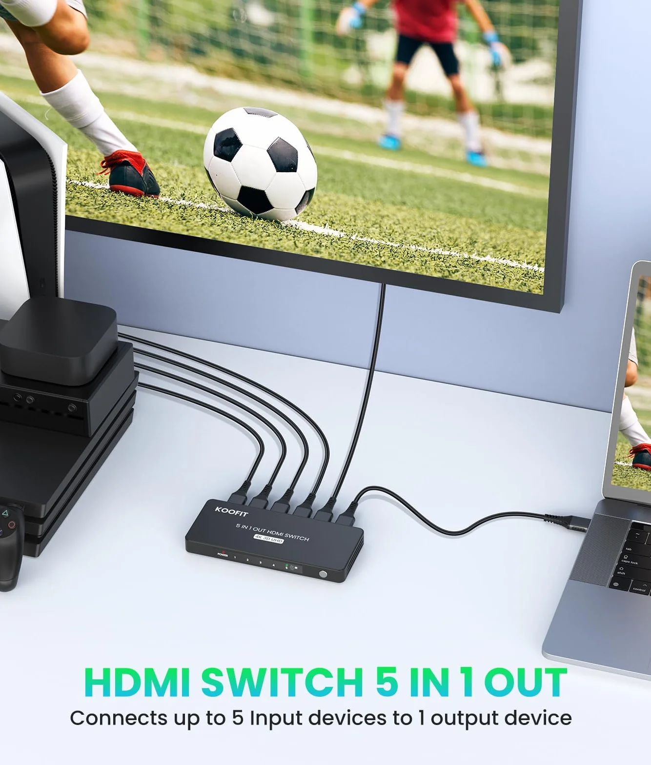 Przełącznik HDMI 5 wejść 1 wyjście, przełącznik rozdzielacz HDMI 4K z pilotem, automatyczny przełącznik obsługuje 4K 3D UHD HDR dla PS5, PS4, PS3, Roku, DVD, Blu-ray, Xbox, PC, TV