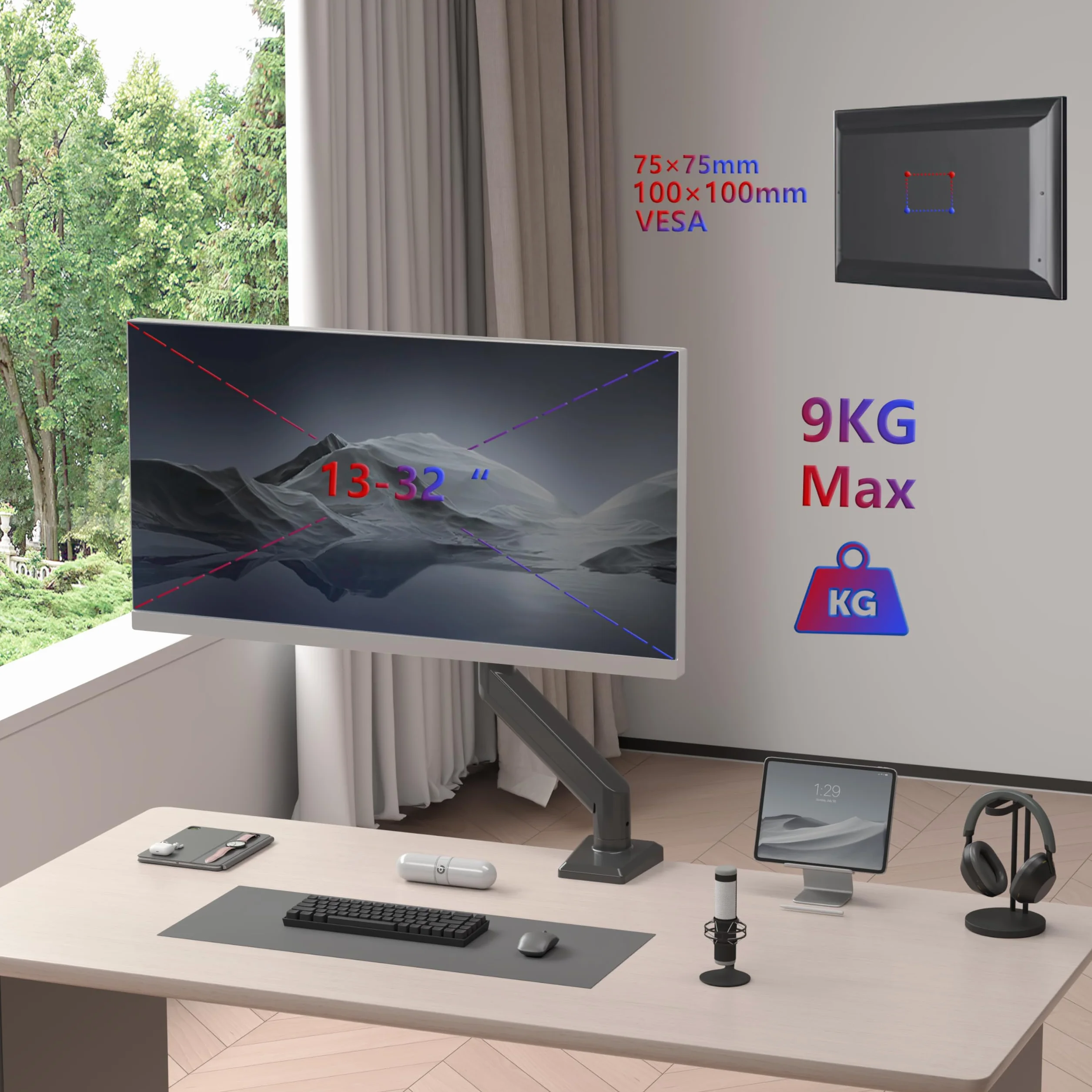 Duronic DM6A1 Uchwyt do monitora 13-32 cale VESA 75 100 obrotowy 360 stopni ramię gazowe ergonomiczne max 9 kg