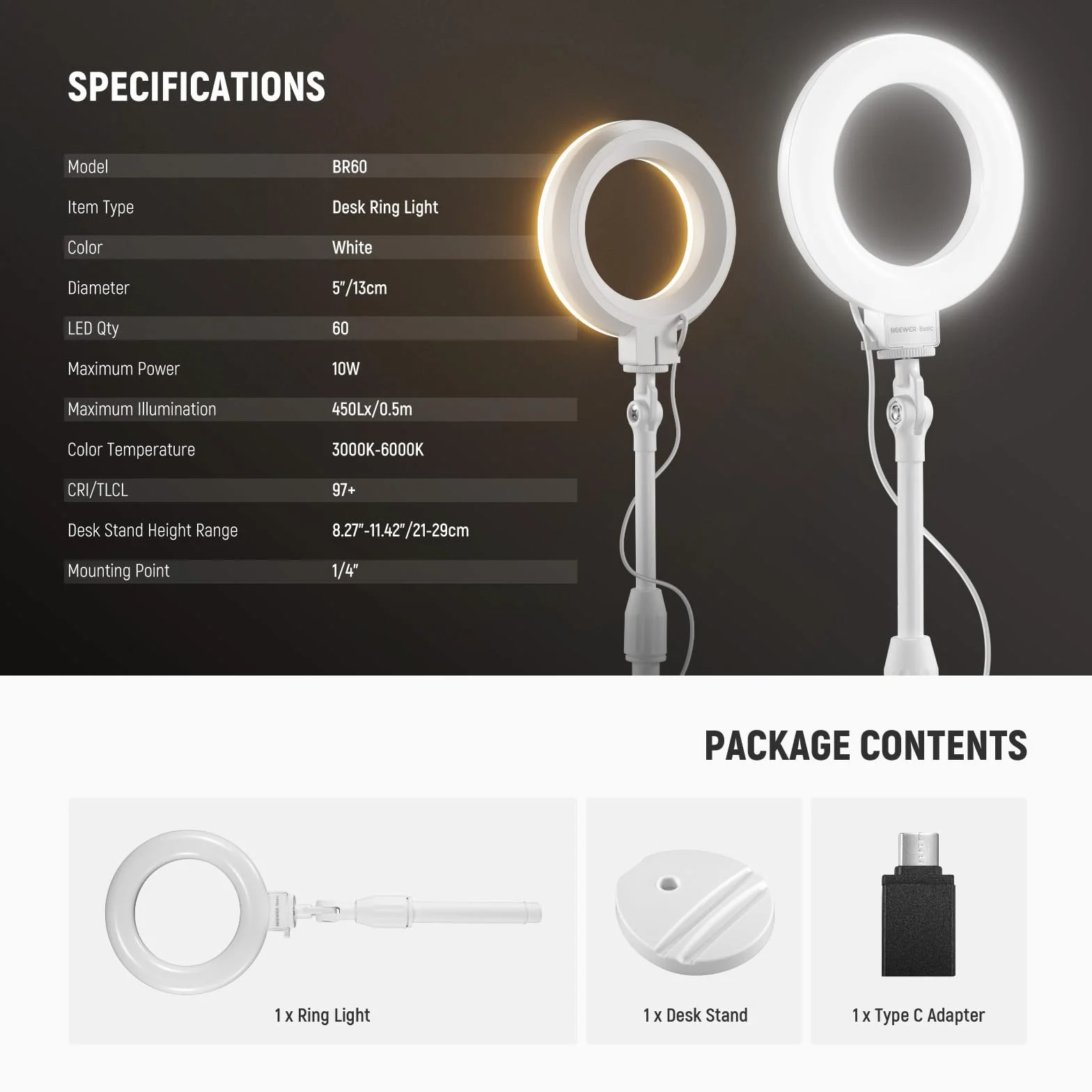 NEEWER Podstawowe 5"/13 cm Obręcz Biurko z Uchwytem, 10 W LED Selfie Światło z Podstawą Telefon Kompatybilny z iPhone Do Nagrywania Laptopa Kamera Internetowa Zoom Wideokonferencja Oświetlenie